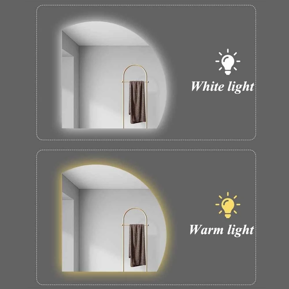 آینه حمام ضد بخار با نور ال ای دی - آینه دیواری نیمه ماه 36 اینچی برای ورودی، تزئینی با نور پس زمینه (نور گرم 28 اینچ)