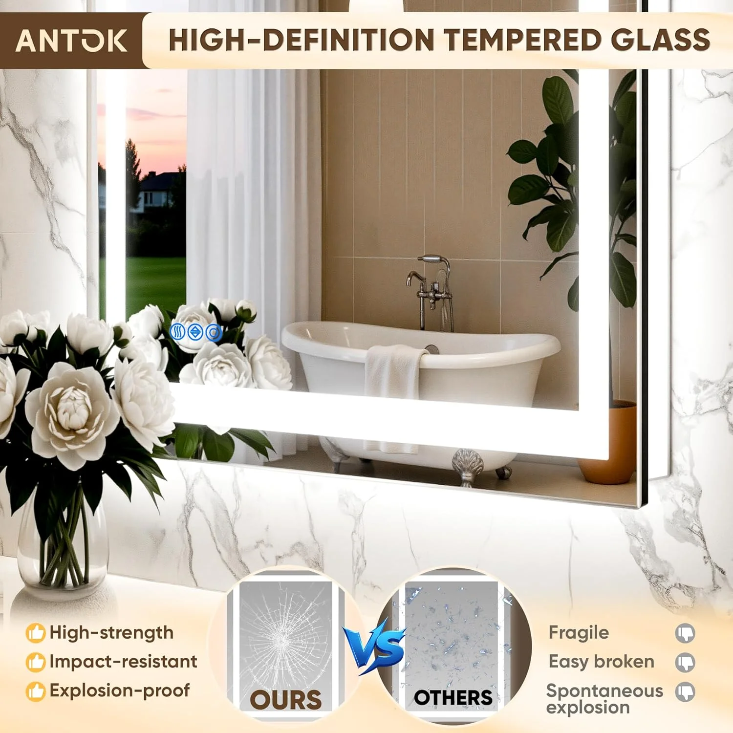 آینه حمام ال ای دی Antok با ابعاد 60 در 90 سانتیمتر، دارای چراغ، ضد بخار، با قابلیت تنظیم نور، آینه روشویی چراغدار با شیشه حرارت دیده، عملکرد حافظه، 3 رنگ نور، استفاده ایمن (افقی/عمودی) آینه حمام ال ای دی Antok با ابعاد 60 در 90 سانتیمتر، دارای چراغ، ضد بخار، با قابلیت تنظیم نور، آینه روشویی چراغدار با شیشه حرارت دیده، عملکرد حافظه، 3 رنگ نور، استفاده ایمن (افقی/عمودی)