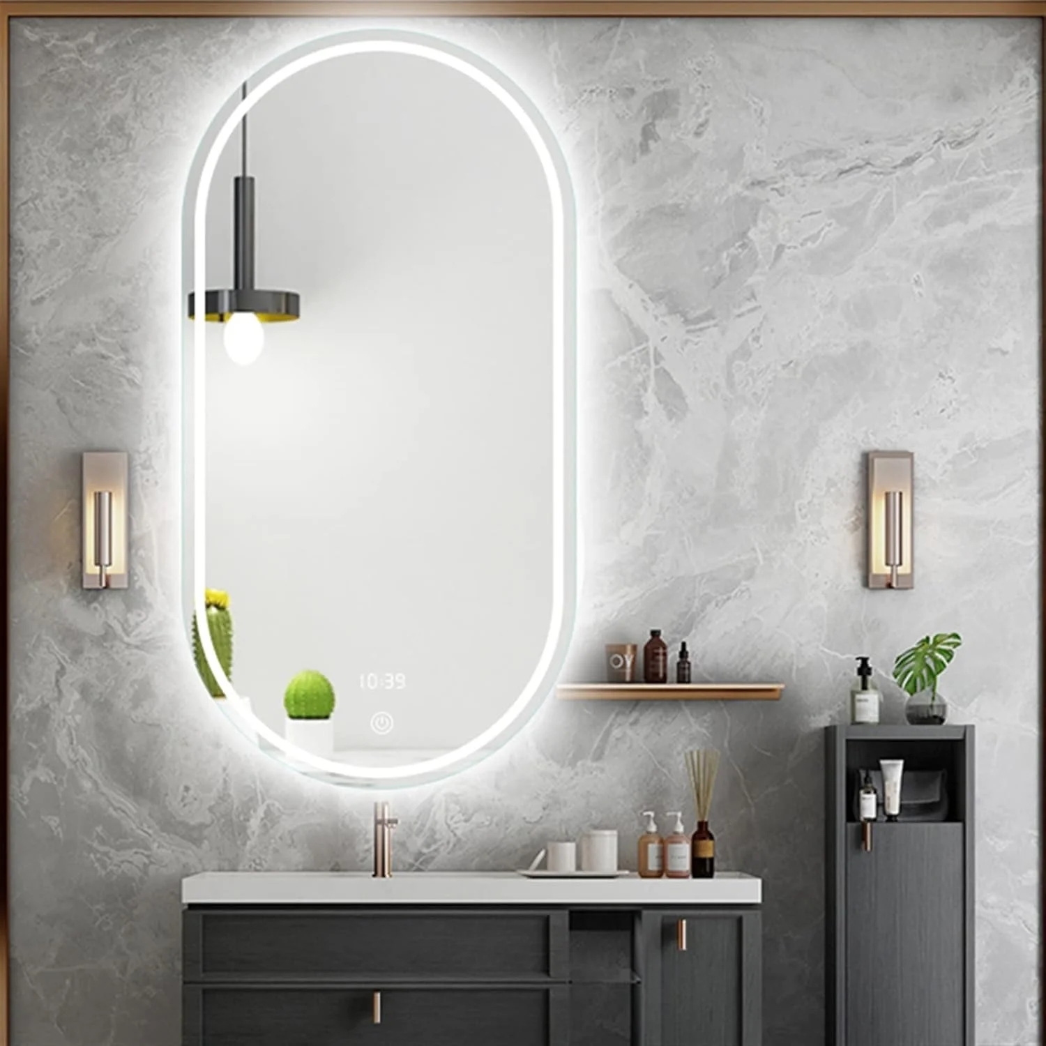 آینه حمام بزرگنمایی بزرگ، آینه روشویی خود چسب گرد دیواری با نور پس زمینه