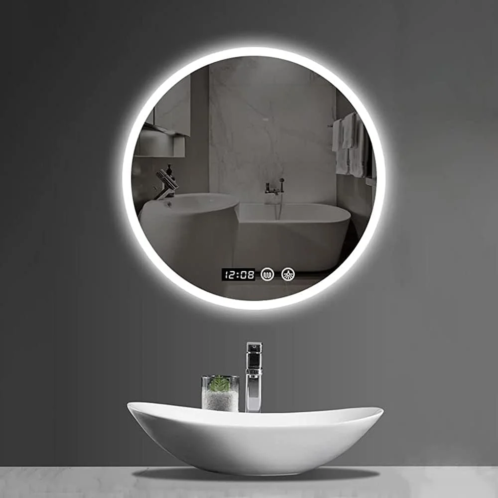 آینه هوشمند حمام آراست، آینه آرایشی ضد بخار دیواری با نورپردازی، ضد بخار + زمان/دما + کلید لمسی نورپردازی ال ای دی گرد LEOWE
