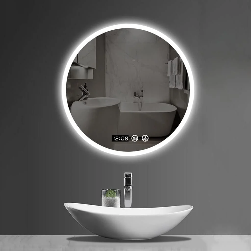 آینه هوشمند حمام آراست، آینه آرایشی ضد بخار دیواری با نورپردازی، ضد بخار + زمان/دما + کلید لمسی نورپردازی ال ای دی گرد LEOWE