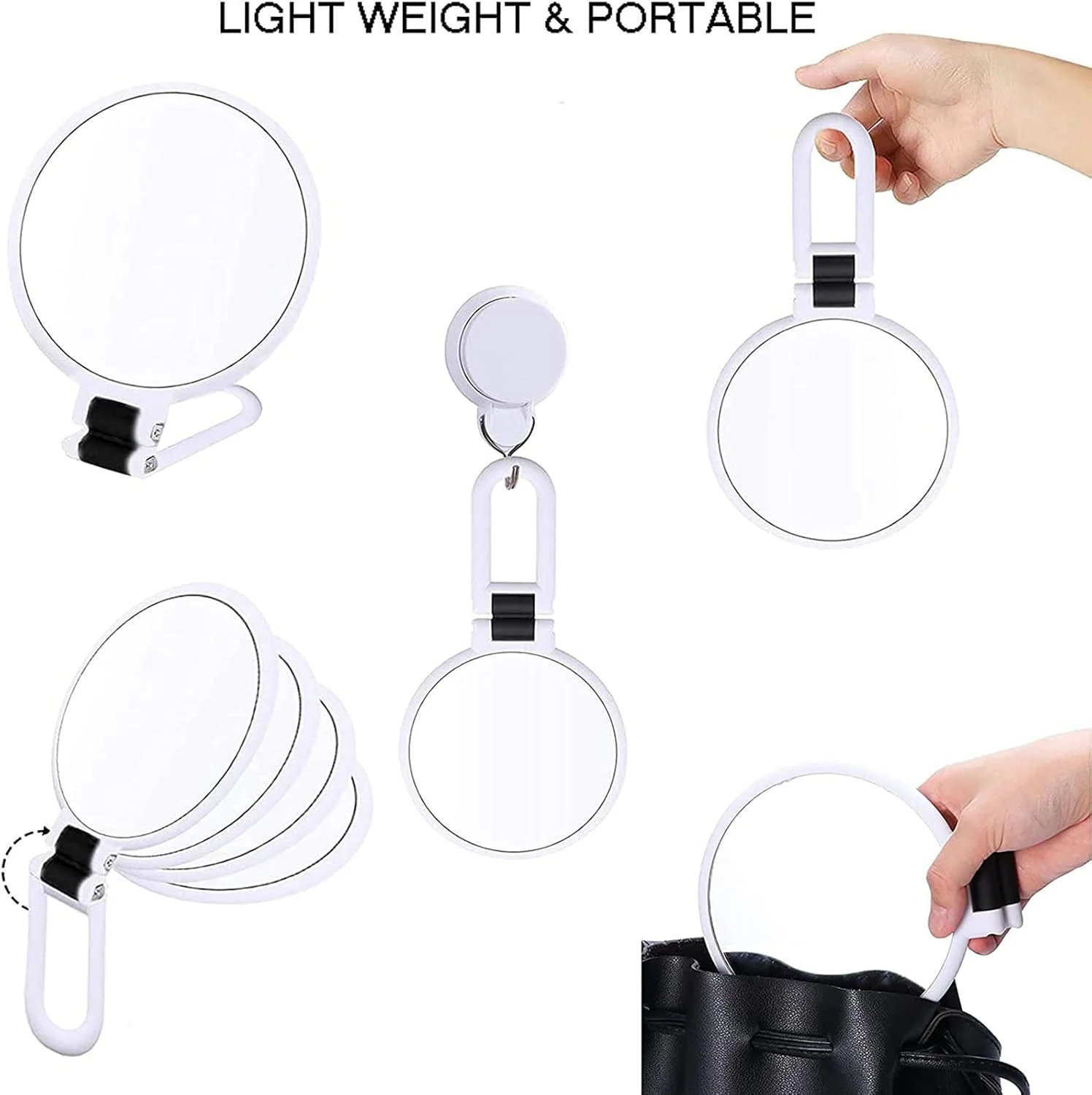 آینه دستی بزرگنمایی 15 برابر Arabest، آینه آرایشی تاشو دو طرفه برای خانم ها با دسته قابل تنظیم، اندازه جمع و جور و قابل حمل برای دختران (سفید)