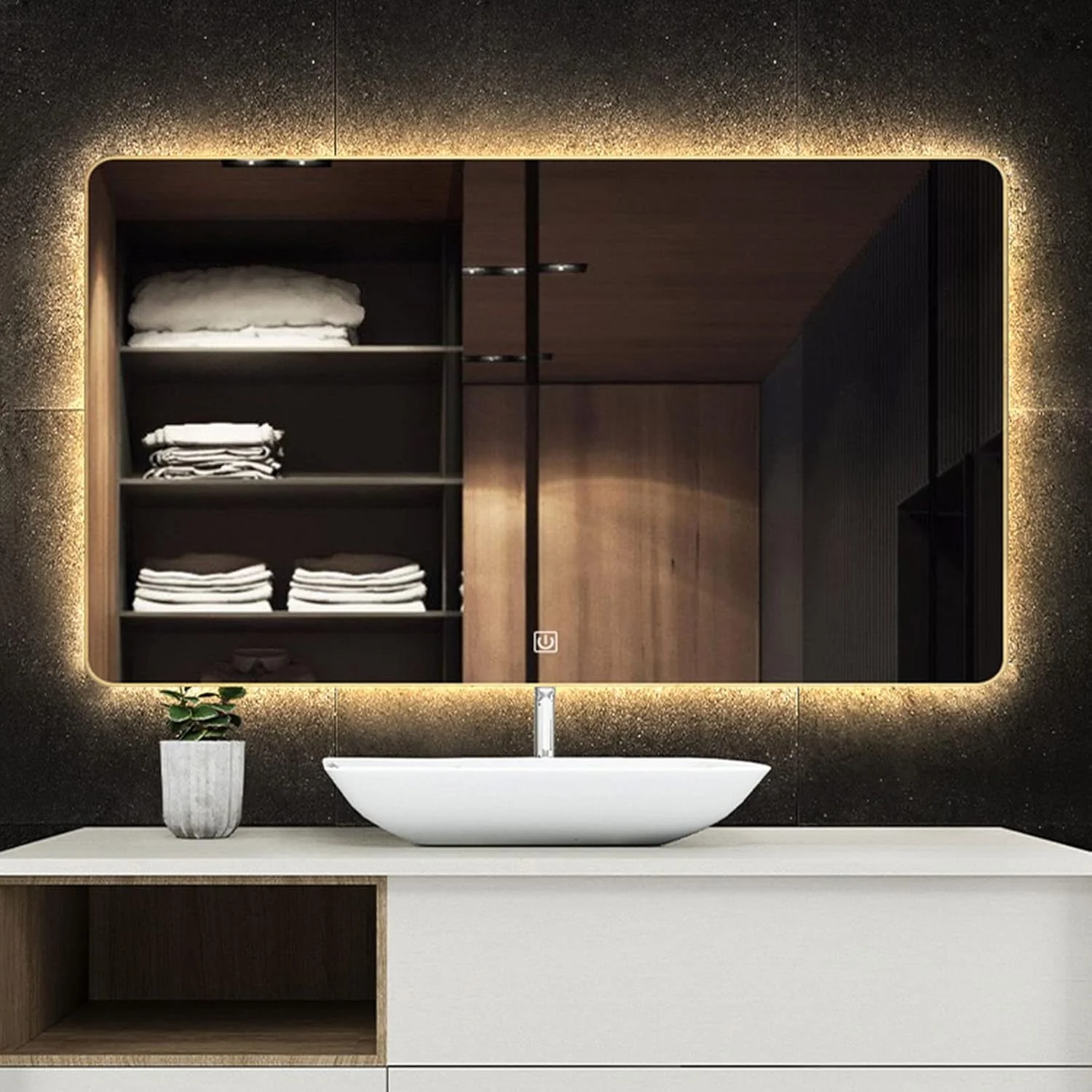 آینه بزرگ بدون قاب حمام با چراغ های LED، آینه مستطیلی دیواری، دکمه لمسی، ضد آب IP44، نور سفید/نور گرم LEOWE