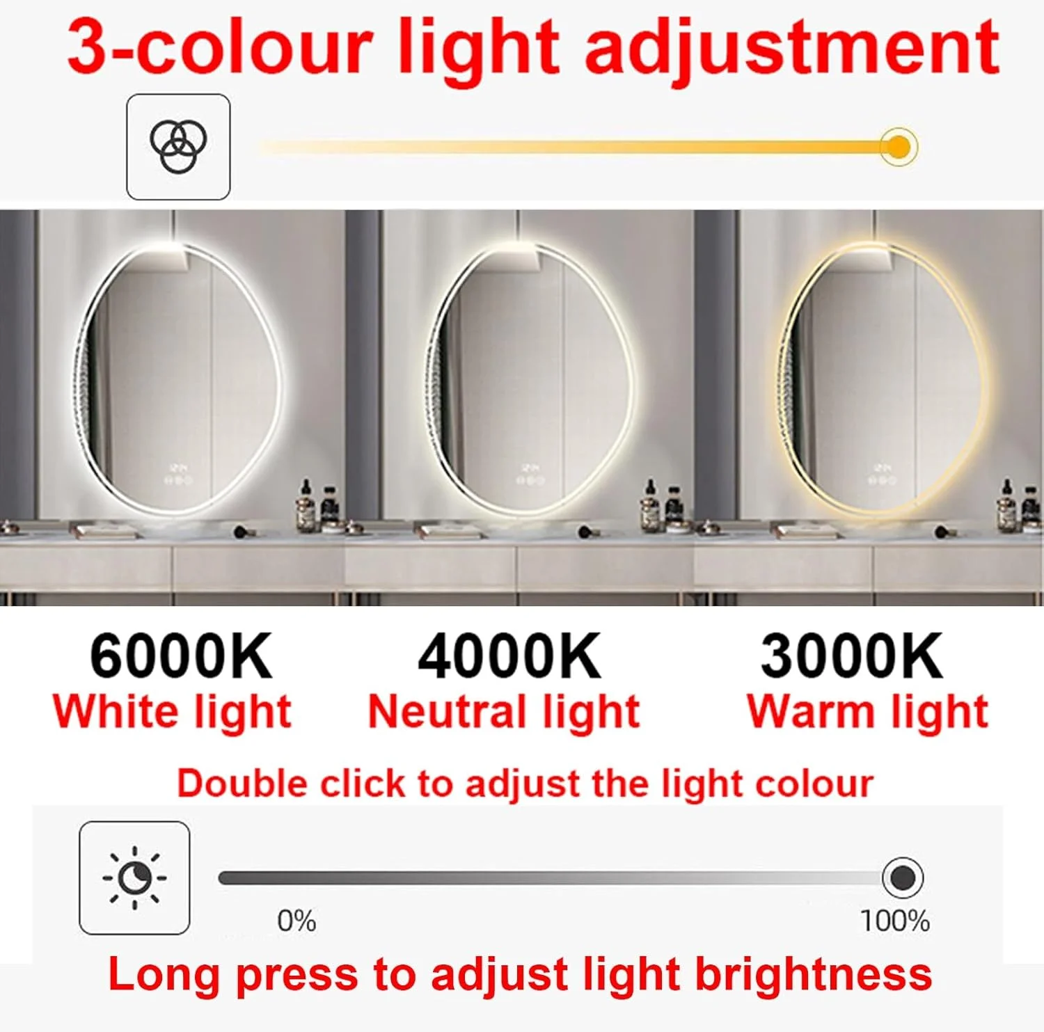 آینه نامتقارن حمام با چراغ های ال ای دی، 40X60 سانتی متر، 50X70 سانتی متر، 60X80 سانتی متر، آینه آرایش با کلید لمسی هوشمند، 3 رنگ نور قابل تنظیم، عملکرد حافظه، آینه روشویی دیواری