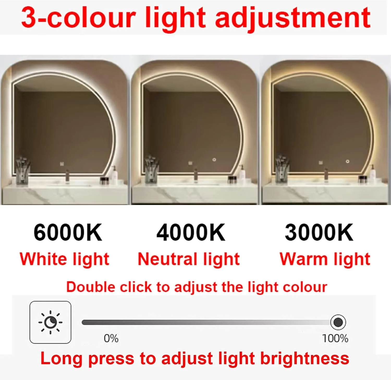 آینه های نیم دایره ای نامتقارن نورانی، آینه حمام LED، آینه روشویی دیواری، آینه آرایشی قابل تنظیم 3000K-6000K، حافظه، صفحه لمسی، هدیه خانه نویی