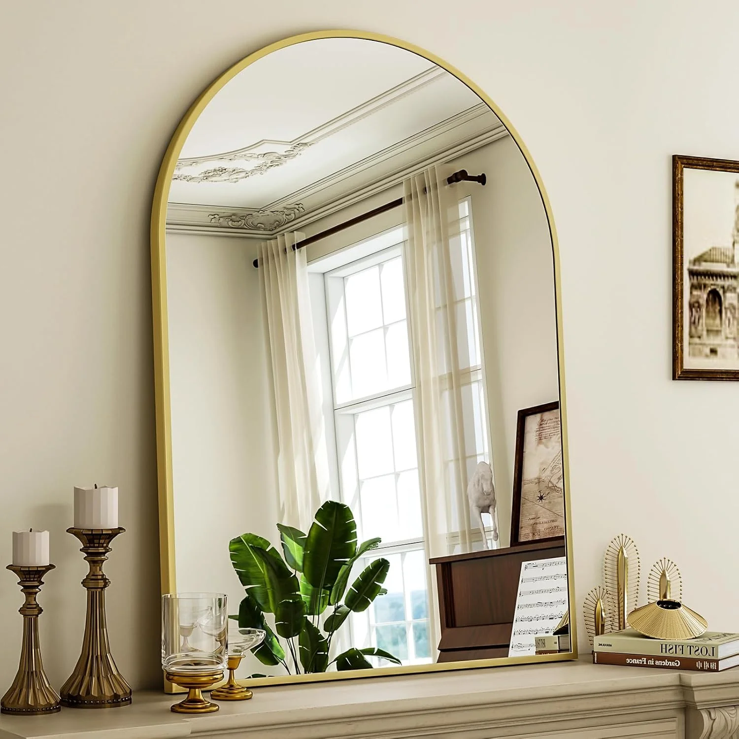 آینه قدی کمانی، 60x90 سانتی‌متر - آینه روشویی دیواری با قاب آلیاژ آلومینیوم - مناسب برای اتاق نشیمن، اتاق خواب، حمام و ورودی، قابل آویزان کردن یا تکیه دادن، طلایی