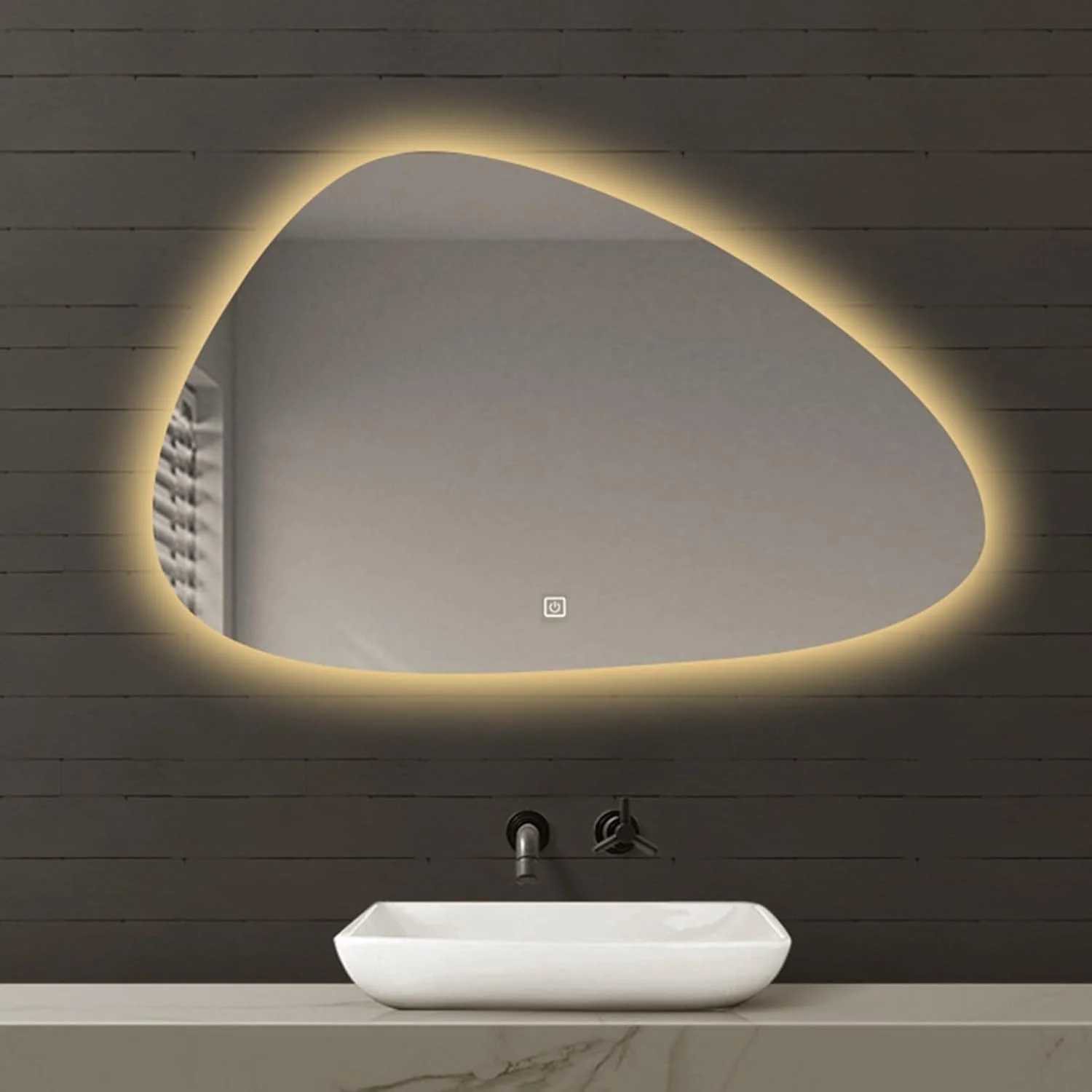 آینه نامتقارن حمام با چراغ های LED، آینه نامنظم برای دیوار، آینه روشویی مدرن بدون قاب، آینه تزئینی، نور قابل تنظیم، سنسور تک لمسی، IP44