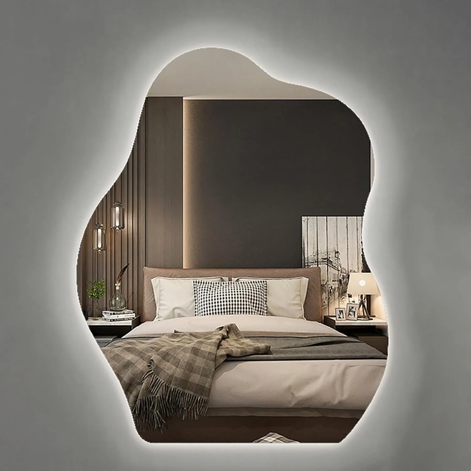 آینه حمام LED با نورپردازی، آینه تزئینی بزرگ نامتقارن با نور ملایم و بدون خیرگی، آینه بدون قاب با شکل نامنظم، آینه آرایش قابل تنظیم نور، 3 سایز