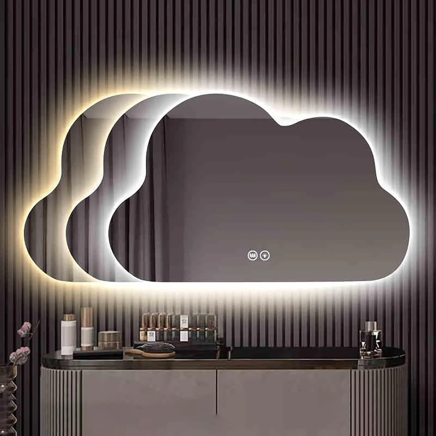آینه ال ای دی ابری نامتقارن با نور پس زمینه، آینه روشویی ال ای دی، آینه ضد بخار مناسب آرایش و دکوراسیون حمام، با قابلیت تنظیم نور و سه رنگ
