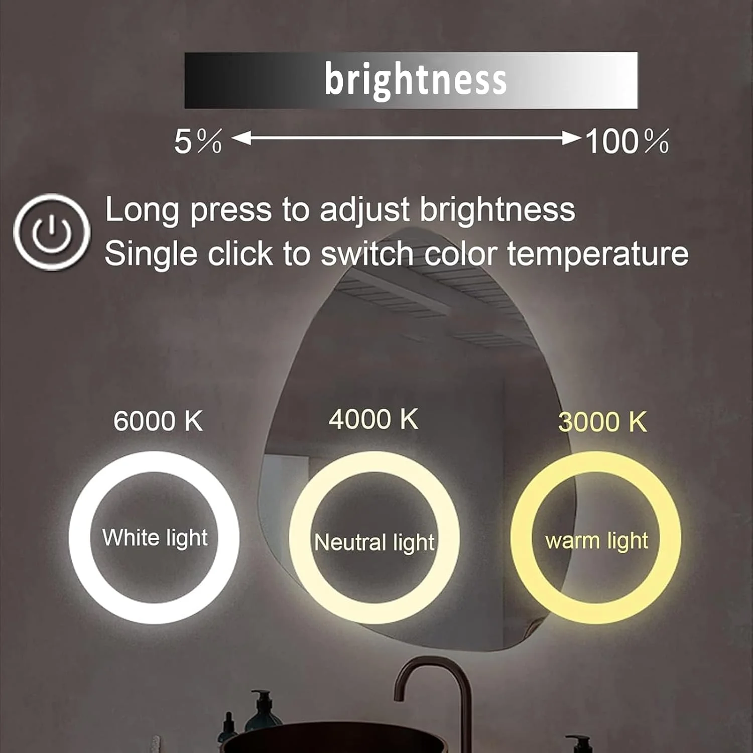 آینه نامتقارن حمام، آینه های کریستالی براق برای دیوار، آینه دیواری ابری نامنظم، 3 رنگ نور قابل تنظیم، آینه حمام بدون قاب نصب شده روی دیوار، آینه آرایشی روشن