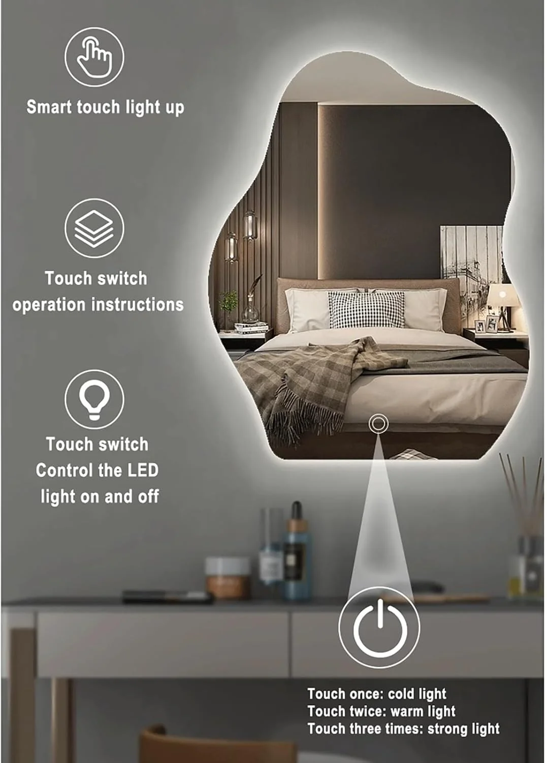 آینه حمام LED با نورپردازی، آینه تزئینی بزرگ نامتقارن با نور ملایم و بدون خیرگی، آینه بدون قاب با شکل نامنظم، آینه آرایش قابل تنظیم نور، 3 سایز