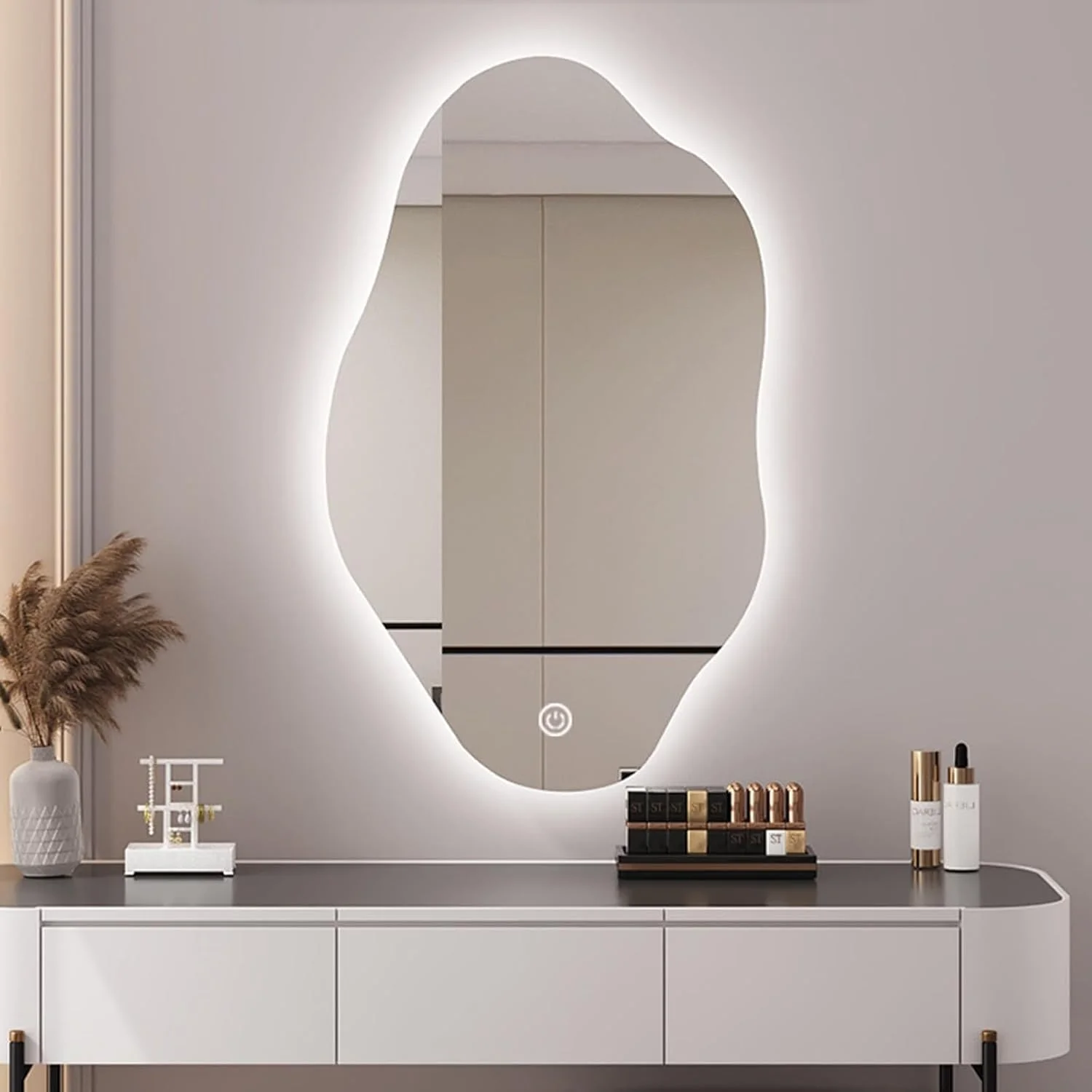 آینه دیواری ال ای دی نامتقارن، آینه حمام با شکل ابر نامنظم، آینه آرایش لمسی هوشمند، طراحی مدرن بدون قاب، کم نور بی نهایت 3 رنگ، HD، ضد انفجار (Si