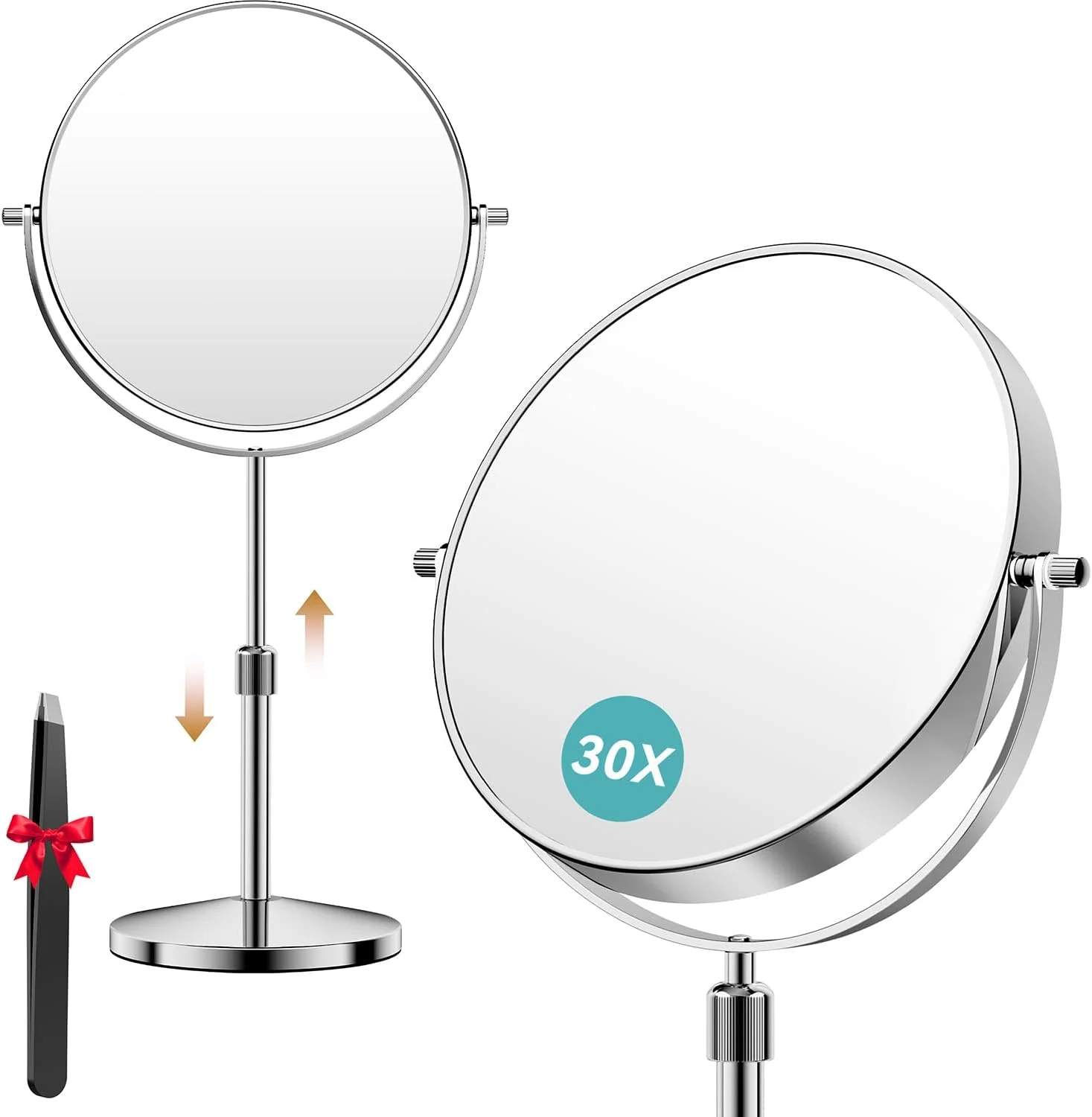 آینه بزرگنمایی 30 برابر Auxmir، آینه آرایشی دو طرفه 30X/1X با پایه، آینه رومیزی حمام با قابلیت تنظیم ارتفاع و چرخش 360 درجه برای اصلاح، میز آرایش، رومیزی، اتاق خواب