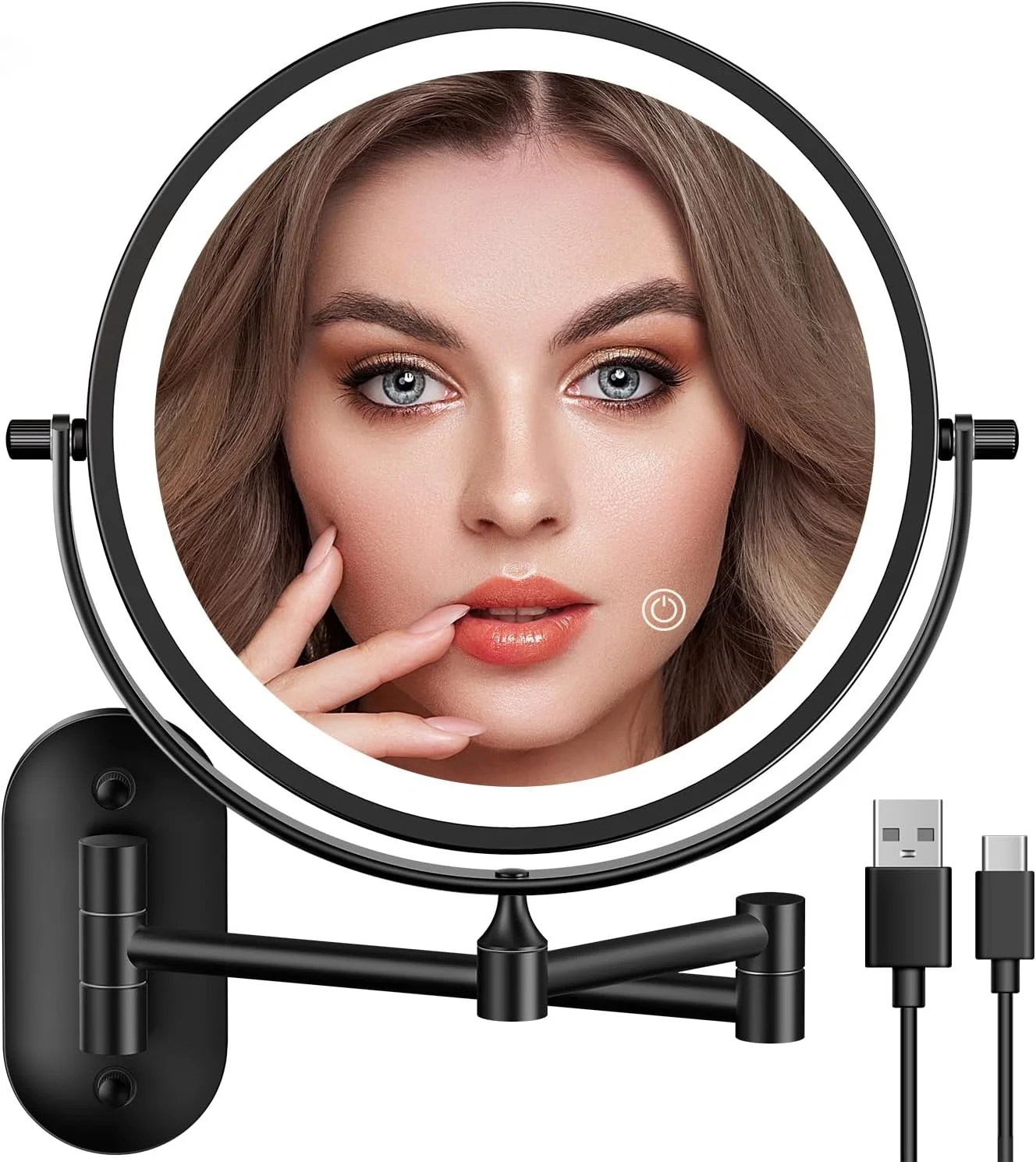 آینه آرایشی دیواری Auxmir با موچین، آینه دو طرفه بزرگنمایی 1X/20X با نور 3 رنگ، آینه حمام چرخان 360 درجه با بازوی قابل گسترش