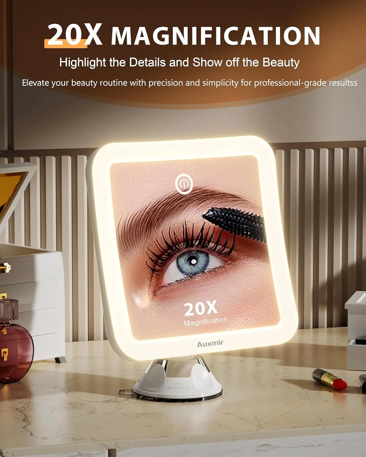آینه آرایشی شارژی اکسمیر با بزرگنمایی 20 برابر، پایه رومیزی، 2000 میلی آمپر ساعت، 19.5 x 16 سانتی متر، مشکی، سبک مدرن، بدون قاب، چرخش 360 درجه