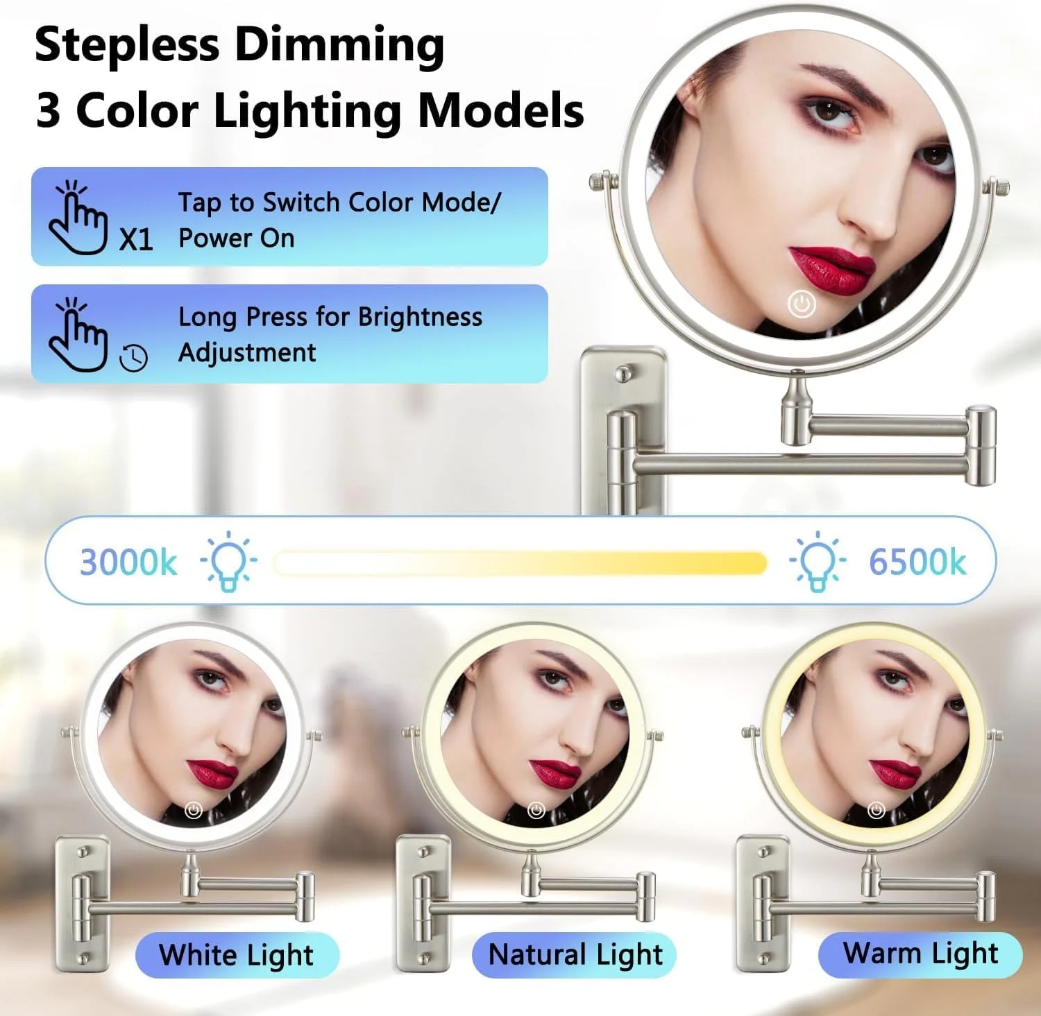 آینه آرایشی چراغ دار Azonee، آینه روشویی دیواری، آینه آرایشی دو طرفه 1x/10x با بزرگنمایی، 3 حالت نور قابل تنظیم، آینه روشویی چرخشی 360 درجه 7 اینچی دو طرفه و قابل افزایش آینه آرایشی چراغ دار Azonee، آینه روشویی دیواری، آینه آرایشی دو طرفه 1x/10x با بزرگنمایی، 3 حالت نور قابل تنظیم، آینه روشویی چرخشی 360 درجه 7 اینچی دو طرفه و قابل افزایش