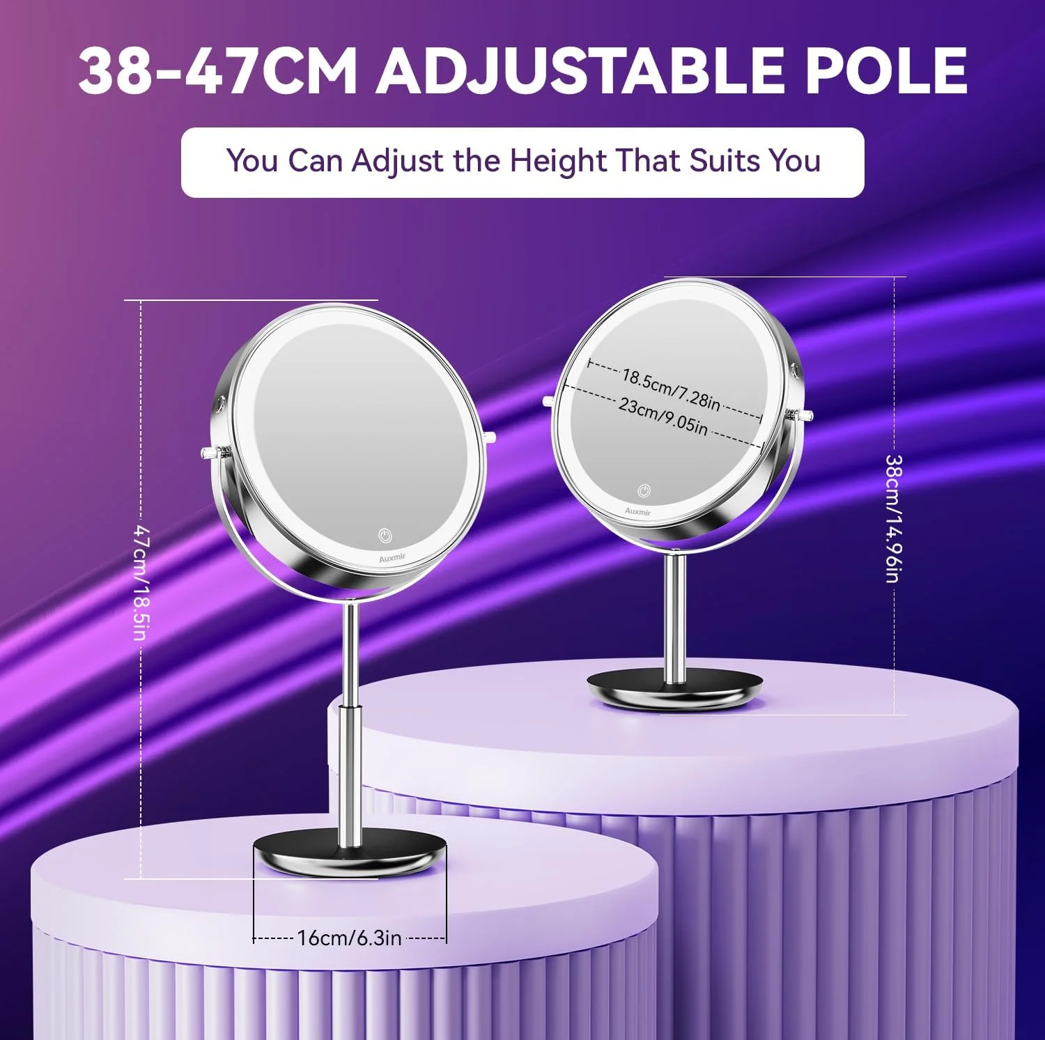 آینه آرایشی شارژی 9 اینچی Auxmir با نور، آینه آرایش با قابلیت تنظیم ارتفاع 38-47 سانتی متر، بزرگنمایی 1X/20X، 3 رنگ نور و روشنایی قابل تنظیم، آینه رومیزی دو طرفه چرخان 360 درجه
