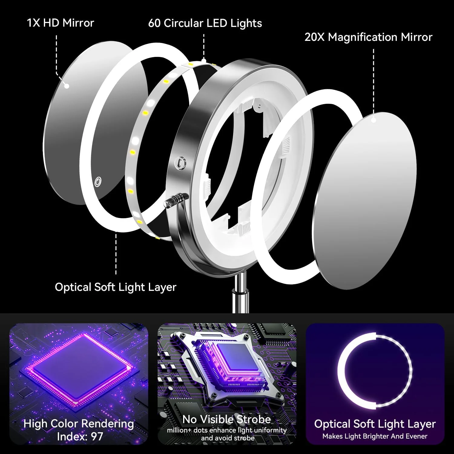 آینه آرایشی شارژی 9 اینچی Auxmir با نور، آینه آرایش با قابلیت تنظیم ارتفاع 38-47 سانتی متر، بزرگنمایی 1X/20X، 3 رنگ نور و روشنایی قابل تنظیم، آینه رومیزی دو طرفه چرخان 360 درجه