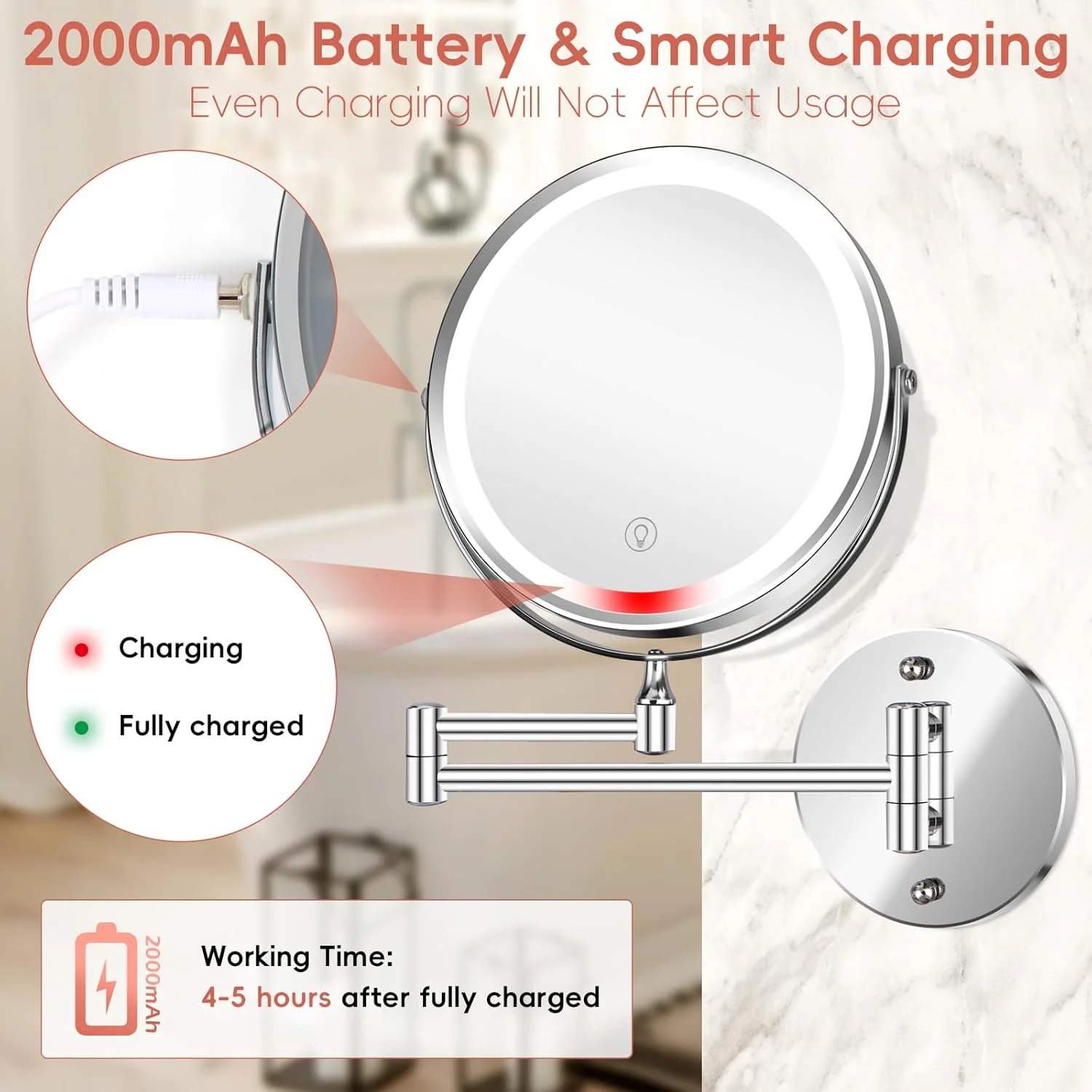 آینه آرایشی دیواری 8 اینچی، آینه روشویی بزرگنمایی 1x/10x با چراغ، آینه حمام LED قابل شارژ با 3 رنگ نور و روشنایی قابل تنظیم، آینه اصلاح چرخشی 360 درجه با کلید لمسی آینه آرایشی دیواری 8 اینچی، آینه روشویی بزرگنمایی 1x/10x با چراغ، آینه حمام LED قابل شارژ با 3 رنگ نور و روشنایی قابل تنظیم، آینه اصلاح چرخشی 360 درجه با کلید لمسی