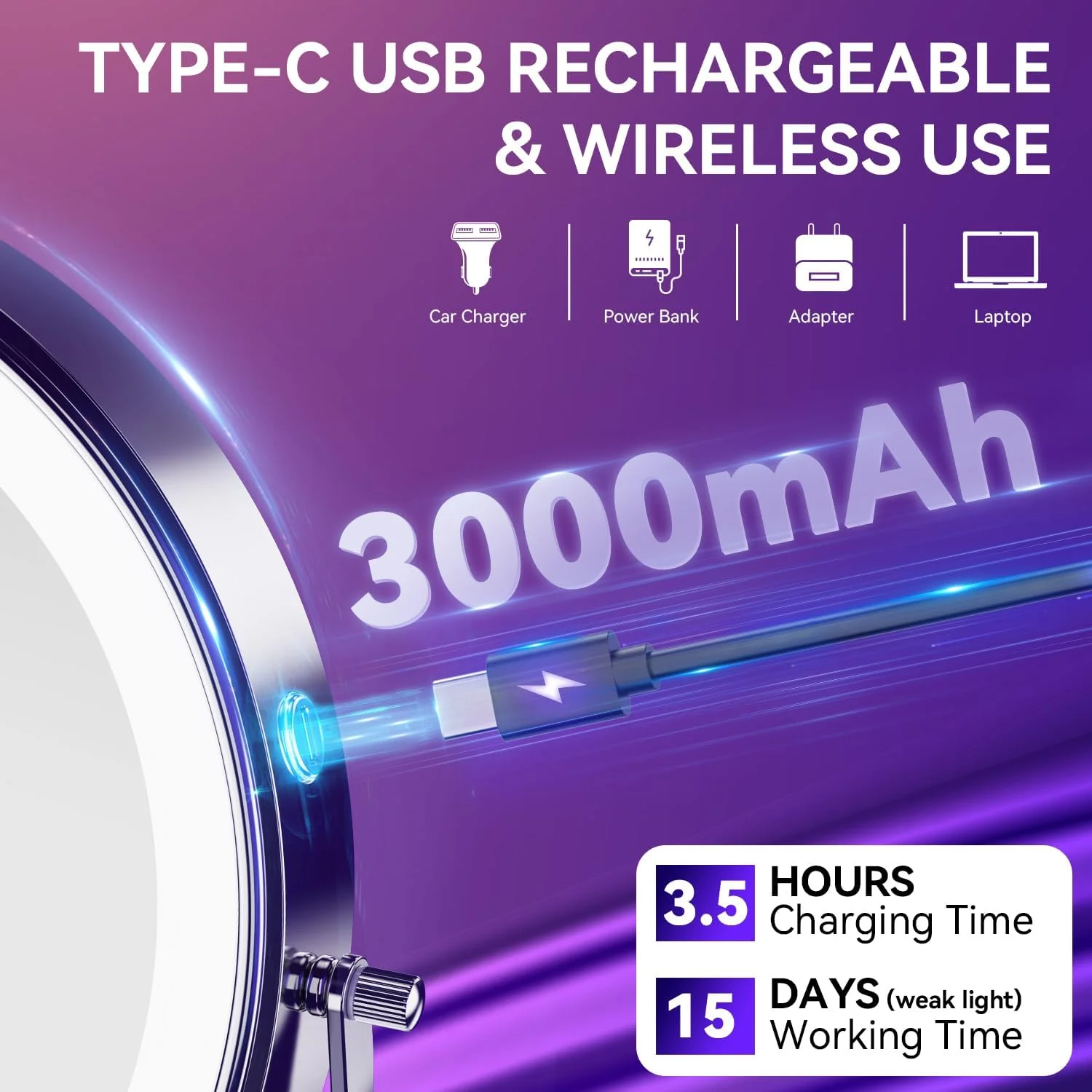 آینه آرایشی شارژی 9 اینچی Auxmir با نور، آینه آرایش با قابلیت تنظیم ارتفاع 38-47 سانتی متر، بزرگنمایی 1X/20X، 3 رنگ نور و روشنایی قابل تنظیم، آینه رومیزی دو طرفه چرخان 360 درجه