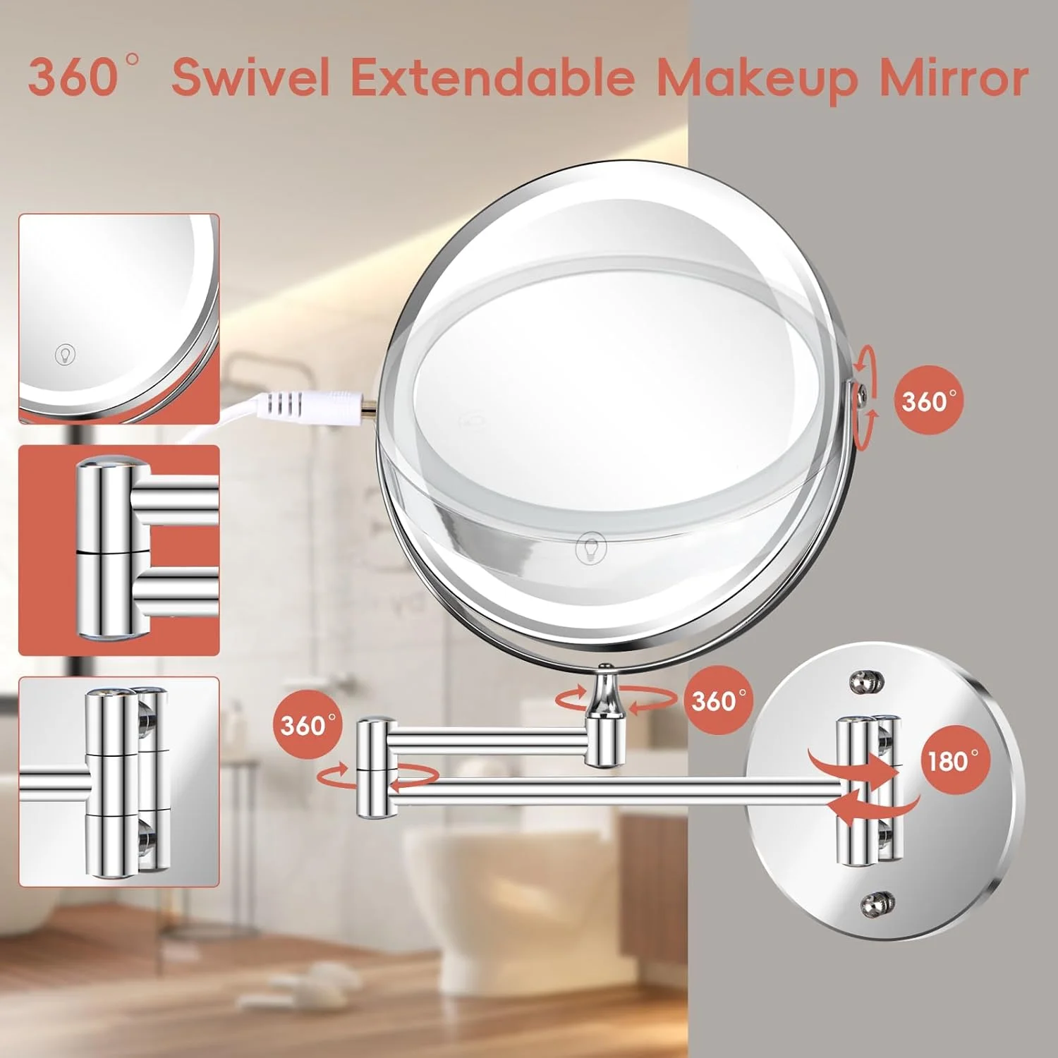 آینه آرایشی دیواری 8 اینچی، آینه روشویی بزرگنمایی 1x/10x با چراغ، آینه حمام LED قابل شارژ با 3 رنگ نور و روشنایی قابل تنظیم، آینه اصلاح چرخشی 360 درجه با کلید لمسی آینه آرایشی دیواری 8 اینچی، آینه روشویی بزرگنمایی 1x/10x با چراغ، آینه حمام LED قابل شارژ با 3 رنگ نور و روشنایی قابل تنظیم، آینه اصلاح چرخشی 360 درجه با کلید لمسی