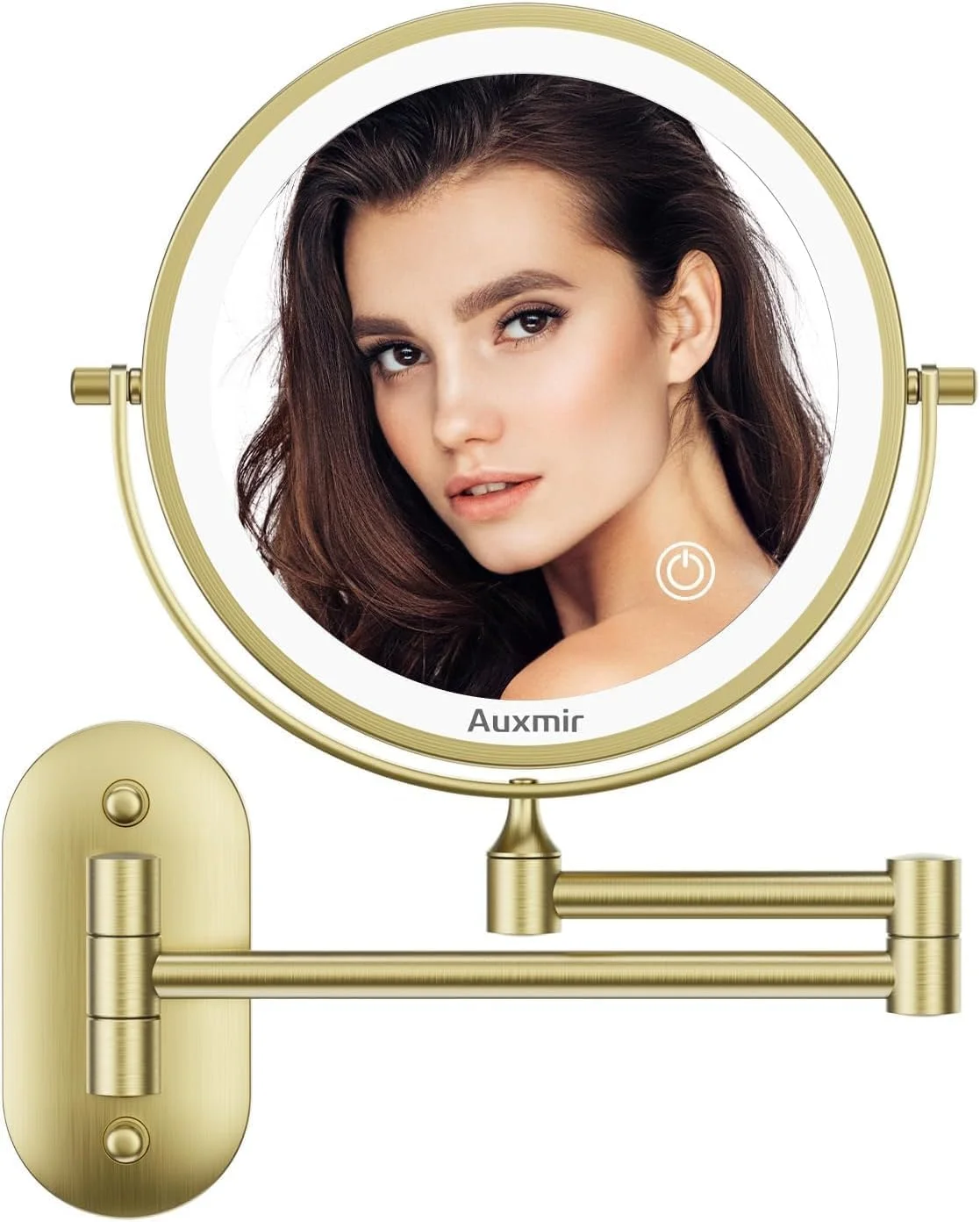 آینه آرایشی نوردار Auxmir، آینه آرایش شارژی 1X/10X، آینه اصلاح، نصب دیواری، آینه بزرگنمایی دو طرفه با 3 رنگ نور، صفحه لمسی، چرخش 360 درجه برای حمام