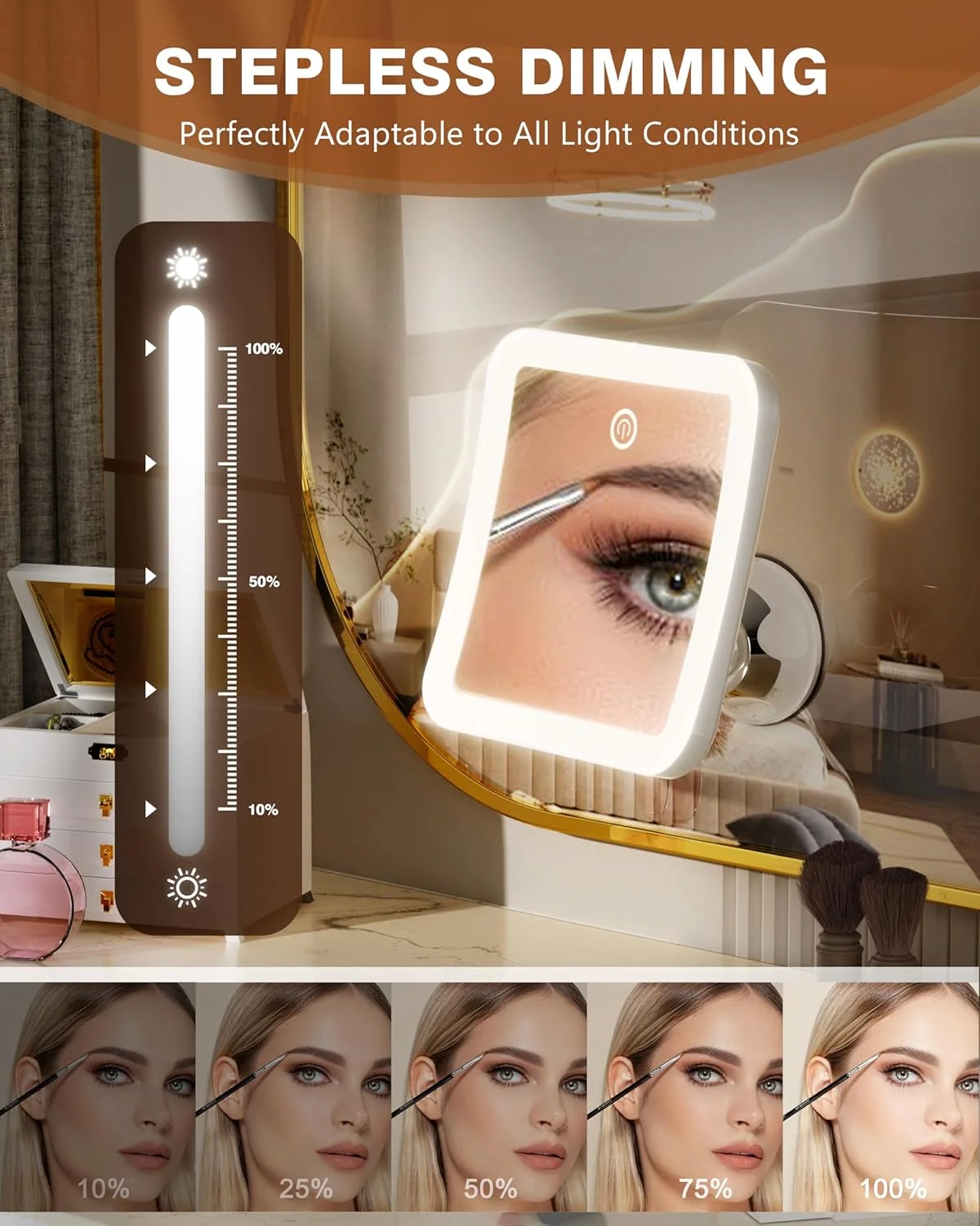 آینه آرایشی شارژی با بزرگنمایی 20 برابر Auxmir، پایه رومیزی، 2000 میلی آمپر ساعت، 19.5 x 16 سانتی متر، مشکی، سبک مدرن، بدون قاب، چرخش 360 درجه