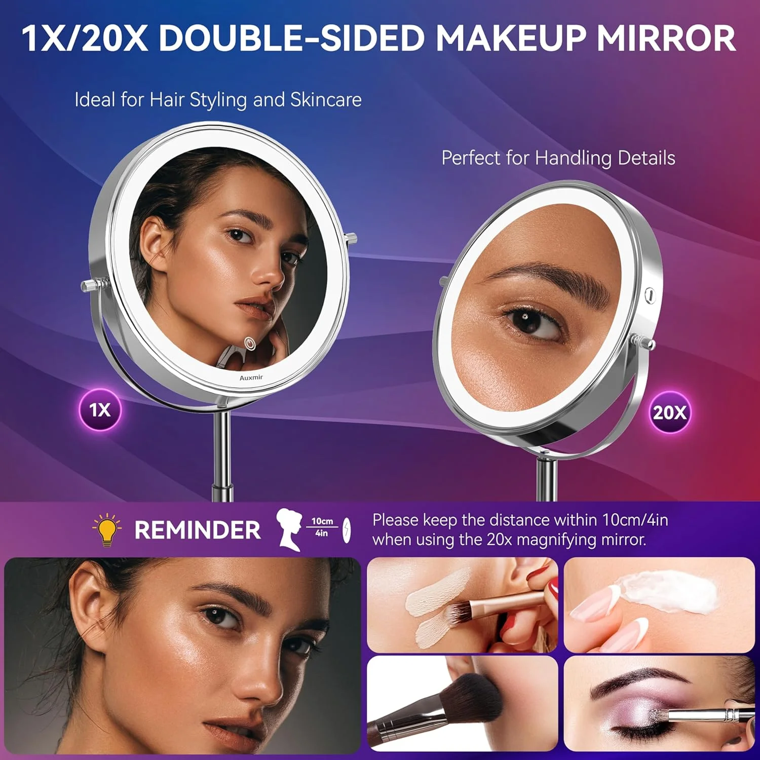 آینه آرایشی شارژی 9 اینچی Auxmir با نور، آینه آرایش با قابلیت تنظیم ارتفاع 38-47 سانتی متر، بزرگنمایی 1X/20X، 3 رنگ نور و روشنایی قابل تنظیم، آینه رومیزی دو طرفه چرخان 360 درجه