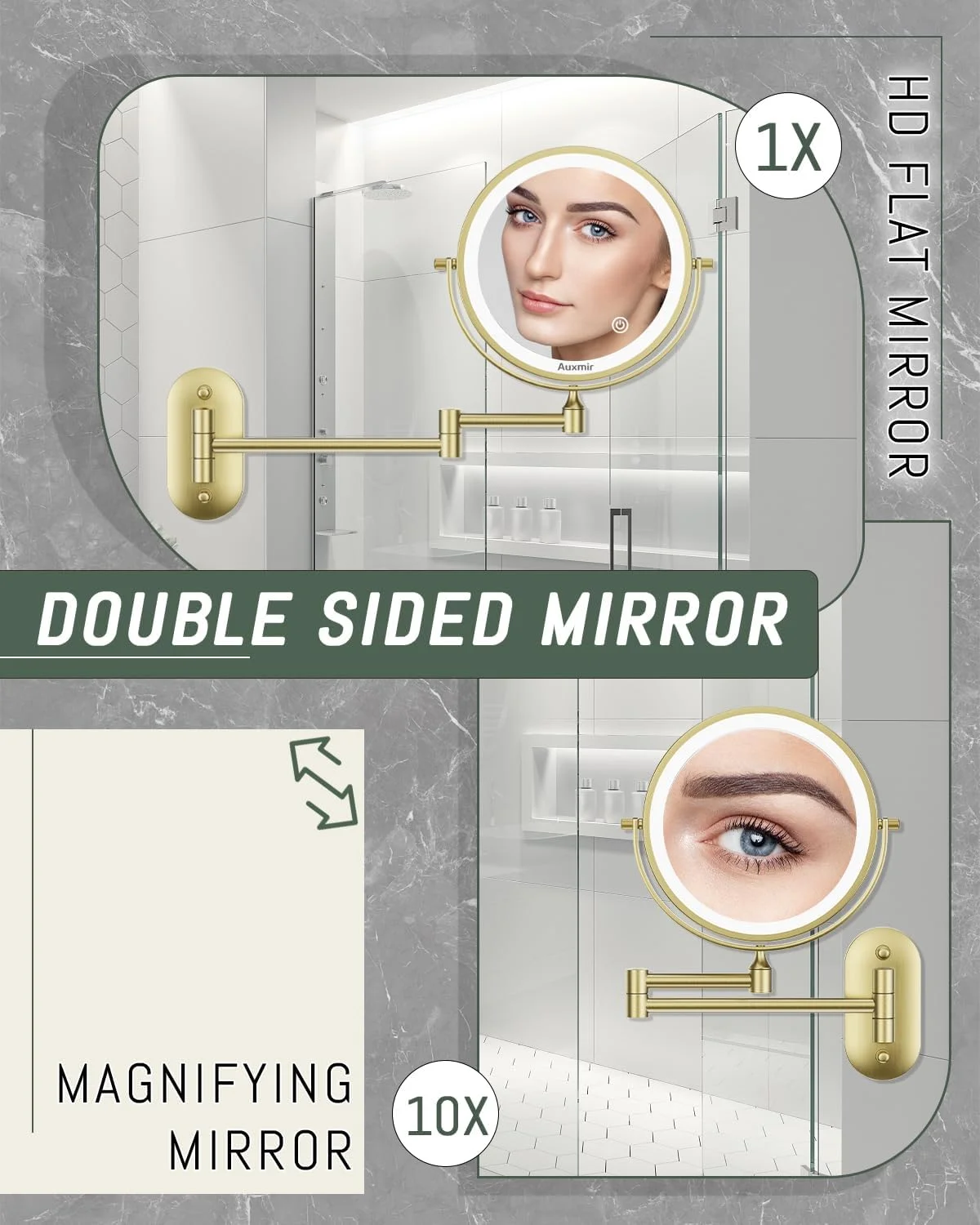 آینه آرایشی نوردار Auxmir، آینه آرایش شارژی 1X/10X، آینه اصلاح، نصب دیواری، آینه بزرگنمایی دو طرفه با 3 رنگ نور، صفحه لمسی، چرخش 360 درجه برای حمام آینه آرایشی نوردار Auxmir، آینه آرایش شارژی 1X/10X، آینه اصلاح، نصب دیواری، آینه بزرگنمایی دو طرفه با 3 رنگ نور، صفحه لمسی، چرخش 360 درجه برای حمام
