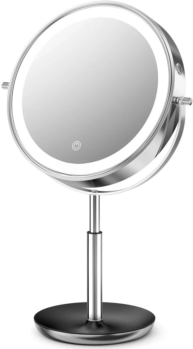 آینه آرایشی شارژی 9 اینچی Auxmir با نور، آینه میکاپ با قابلیت تنظیم ارتفاع 38-47 سانتی متر، بزرگنمایی 1X/20X، 3 رنگ نور و روشنایی قابل تنظیم، آینه رومیزی دو طرفه با چرخش 360 درجه