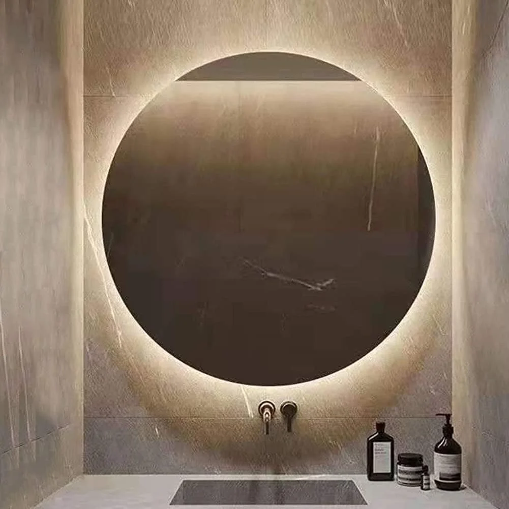 آینه روشویی LED با نور پس زمینه، آینه LED بدون قاب دیواری (نور سفید/نور گرم) (رنگ: نور گرم، اندازه: گرد بدون قاب 700 میلی متر)