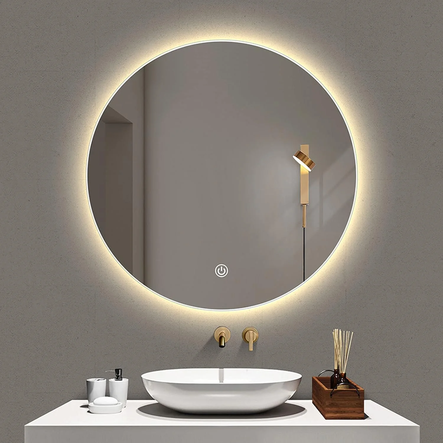 آینه گرد نور پس زمینه دار مناسب دکور دیوار حمام منزل، آینه آرایش/حمام دیواری، آینه دیواری V