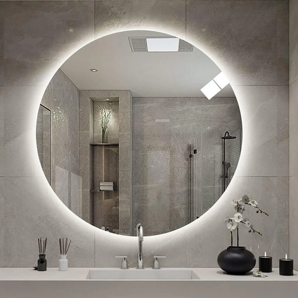 آینه حمام نور پس زمینه دار، آینه روشویی LED با نورپردازی، ضد بخار، CRI>90، IP44، نصب دیواری (رنگ: نور گرم، اندازه: 600mm گرد بدون قاب) (نور سفید 600mm گرد بدون قاب)