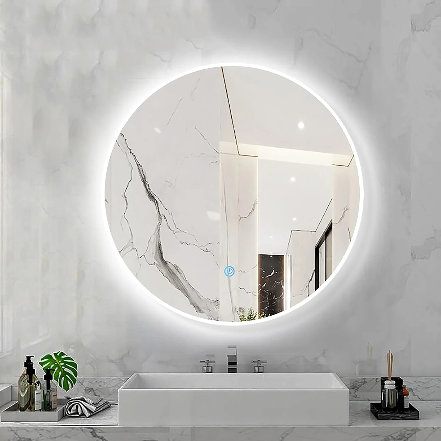 آینه گرد ?LED با نور پس زمینه برای حمام، با قابلیت تنظیم نور در 3 دمای رنگی، آینه هوشمند LED، آینه آرایشی دیواری با قاب آلیاژ آلومینیوم (قاب سفید 50X50CM)