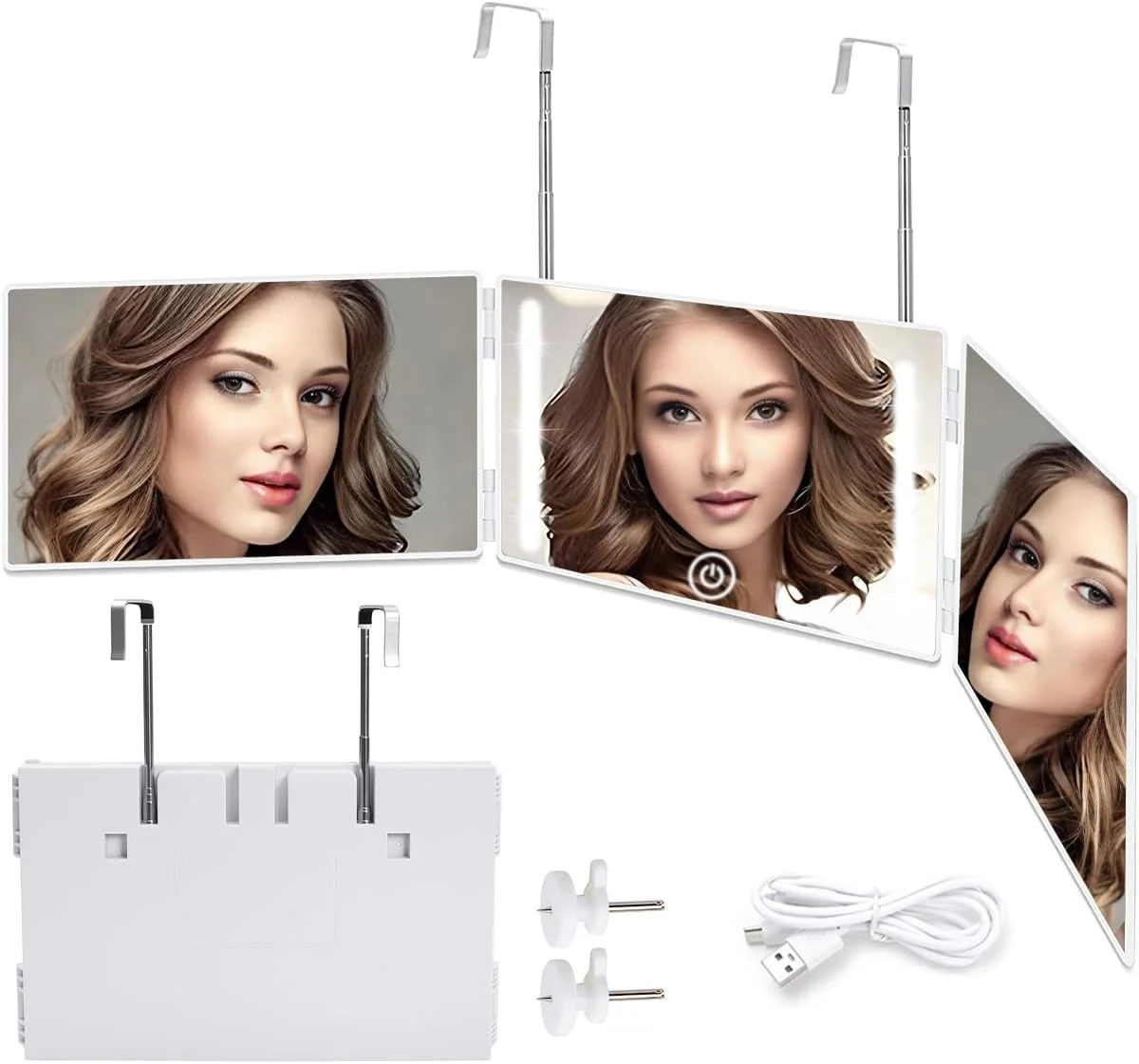 آینه آرایش سه طرفه برای اصلاح موی سر با چراغ های LED، آینه سلمانی سه تایی قابل شارژ 360 درجه با قلاب تلسکوپی قابل تنظیم ارتفاع، بزرگنمایی 5X برای آرایش و حالت دادن مو