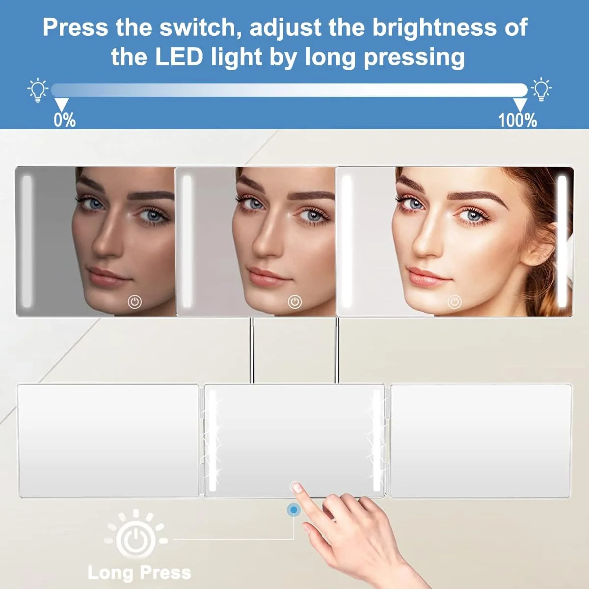 آینه آرایش سه طرفه برای اصلاح موی سر با چراغ های LED، آینه سلمانی سه تایی قابل شارژ 360 درجه با قلاب تلسکوپی قابل تنظیم ارتفاع، بزرگنمایی 5X برای آرایش و حالت دادن مو