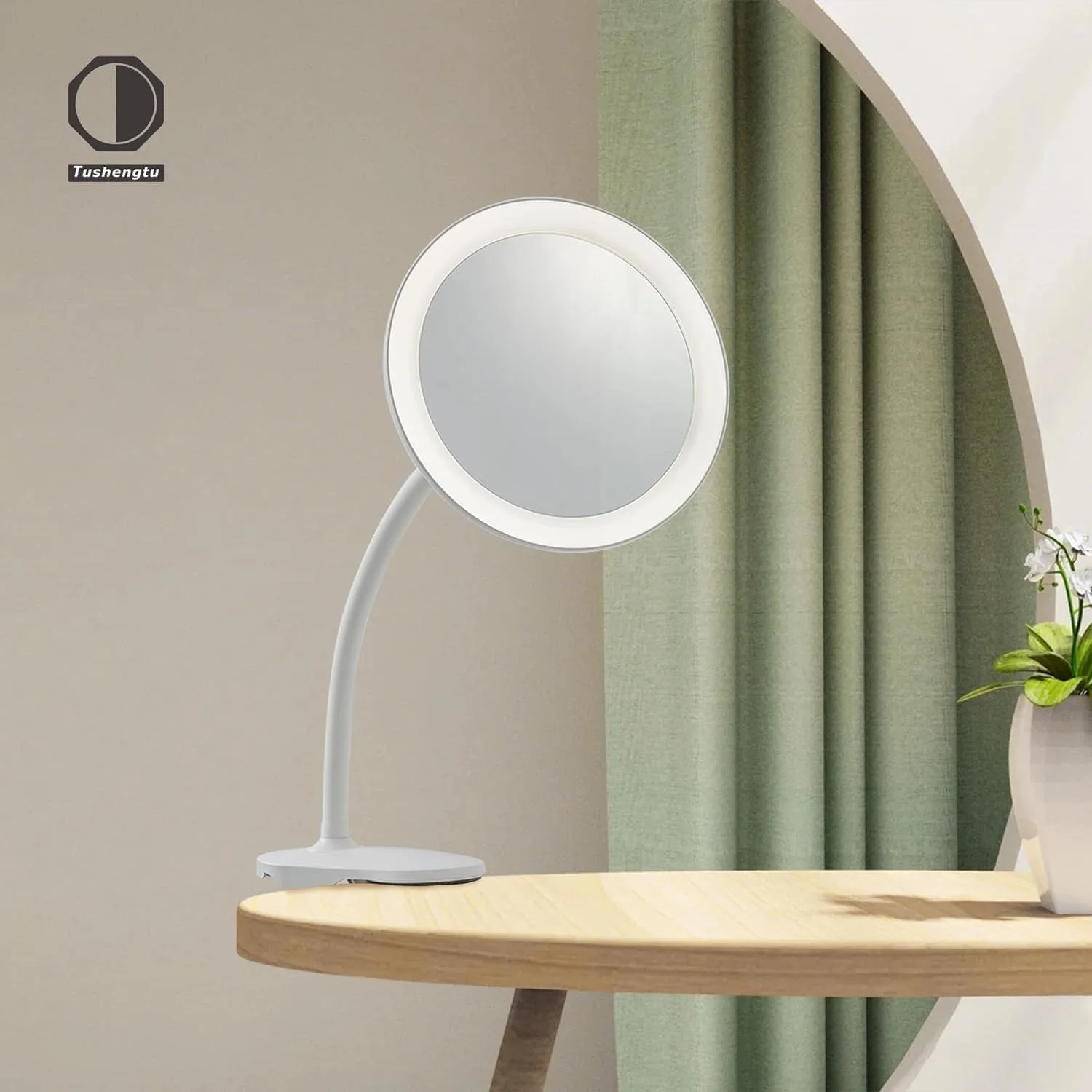 آینه آرایشی بزرگنمایی Azonee، آینه اصلاح گردن غازی گیره ای 6.5 اینچی با بزرگنمایی 10 برابر، آینه دوش چراغ دار USB قابل تنظیم چرخان 360 درجه برای تنظیم حمام (سفید 10X)