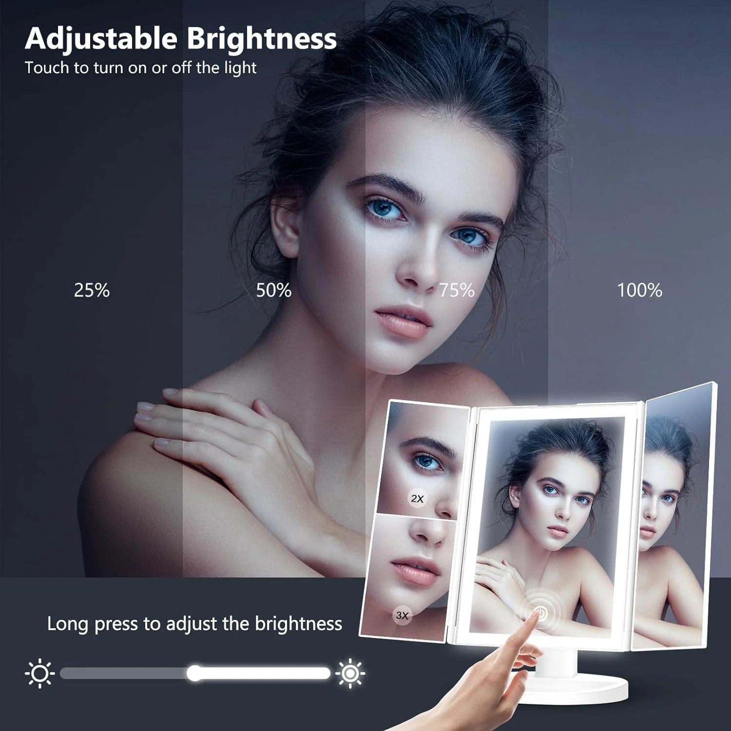 آینه آرایشی سه تایی Azonee، آینه آرایشی قابل تنظیم با نور، بزرگنمایی 1X/2X/3X/10X و آینه آرایشی صفحه لمسی برای حمام و اتاق خواب آینه آرایشی سه تایی Azonee، آینه آرایشی قابل تنظیم با نور، بزرگنمایی 1X/2X/3X/10X و آینه آرایشی صفحه لمسی برای حمام و اتاق خواب