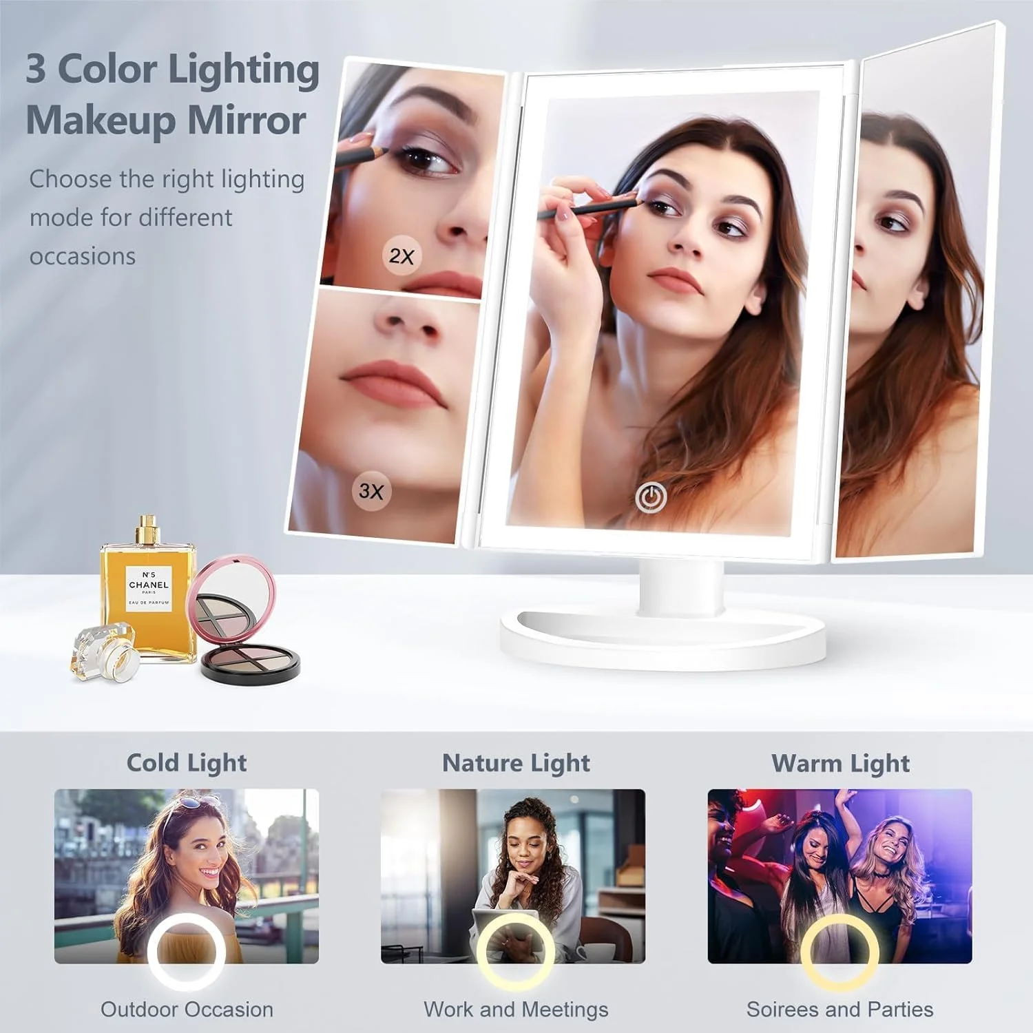 آینه آرایشی سه تایی Azonee، آینه آرایشی قابل تنظیم با نور، بزرگنمایی 1X/2X/3X/10X و آینه آرایشی صفحه لمسی برای حمام و اتاق خواب آینه آرایشی سه تایی Azonee، آینه آرایشی قابل تنظیم با نور، بزرگنمایی 1X/2X/3X/10X و آینه آرایشی صفحه لمسی برای حمام و اتاق خواب