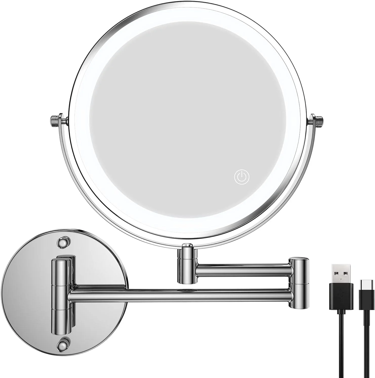 آینه آرایشی دیواری چراغ دار Azonee، آینه حمام 8 اینچی قابل شارژ با بزرگنمایی 10 برابر، آینه LED چرخان 360 درجه با قابلیت افزایش طول و دارای 3 رنگ نور و دیمر صفحه لمسی