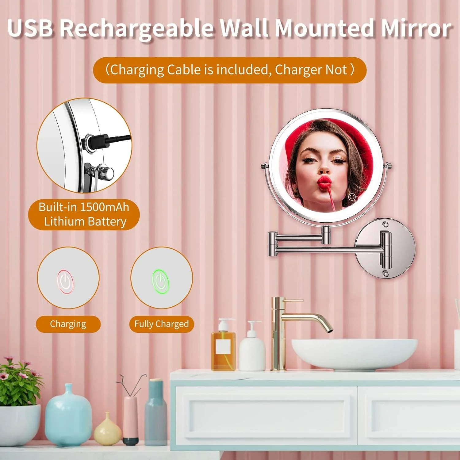 آینه آرایشی دیواری چراغ دار Azonee، آینه حمام 8 اینچی قابل شارژ با بزرگنمایی 10 برابر، آینه LED چرخان 360 درجه با قابلیت افزایش طول و دارای 3 رنگ نور و دیمر صفحه لمسی