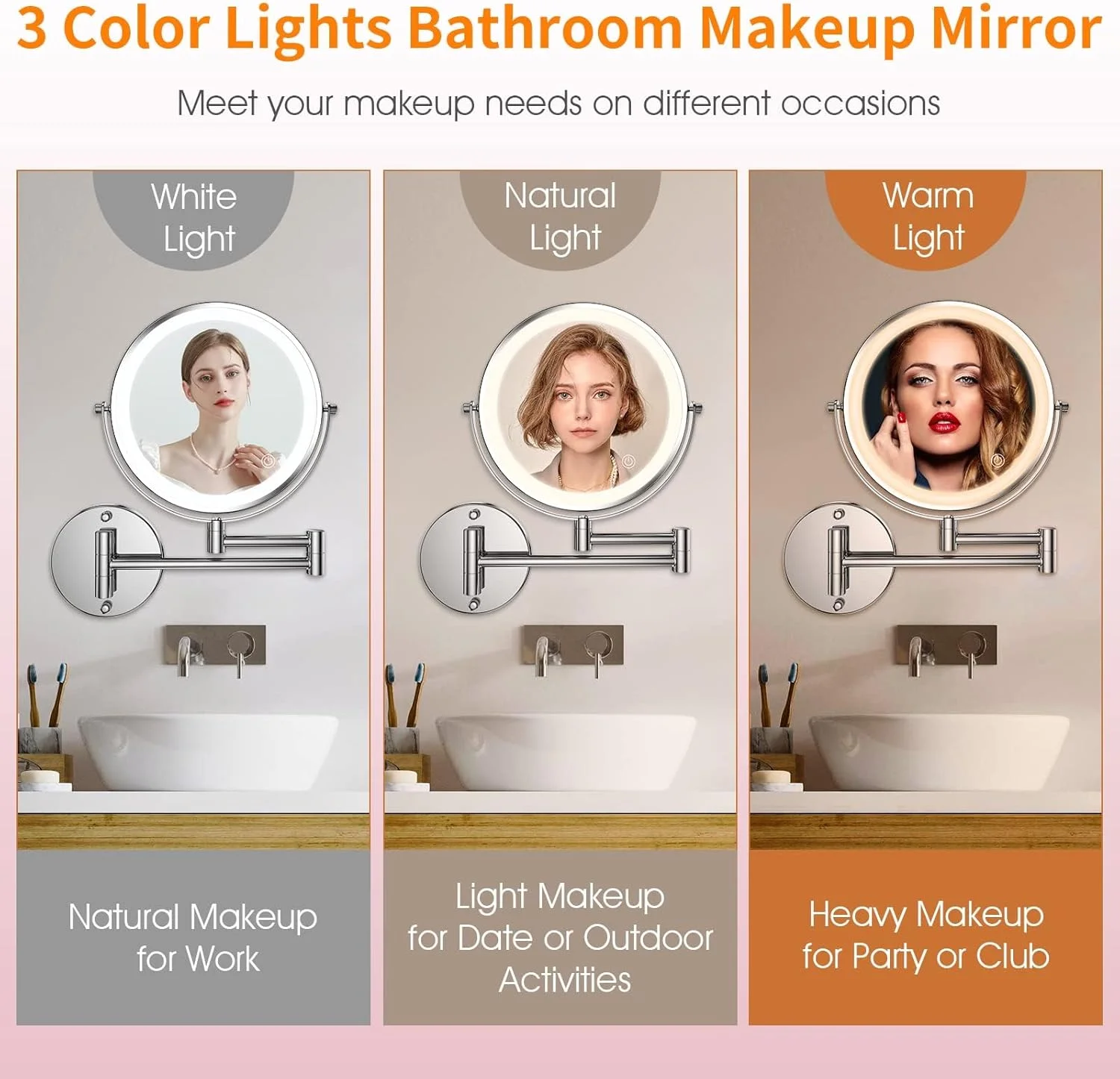 آینه آرایشی دیواری چراغ دار Azonee، آینه حمام 8 اینچی قابل شارژ با بزرگنمایی 10 برابر، آینه LED چرخان 360 درجه با قابلیت افزایش طول و دارای 3 رنگ نور و دیمر صفحه لمسی