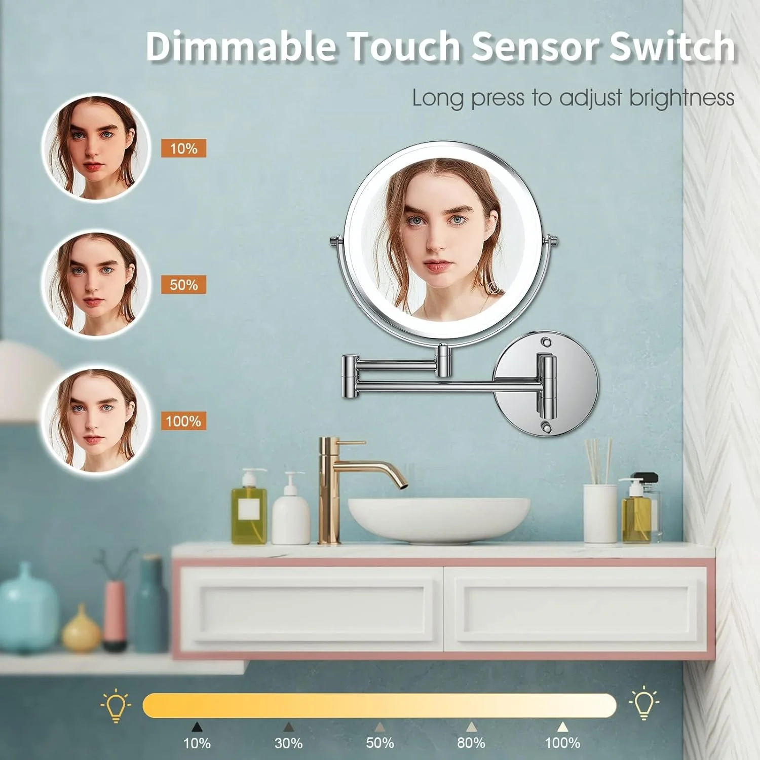 آینه آرایشی دیواری چراغ دار Azonee، آینه حمام 8 اینچی قابل شارژ با بزرگنمایی 10 برابر، آینه LED چرخان 360 درجه با قابلیت افزایش طول و دارای 3 رنگ نور و دیمر صفحه لمسی