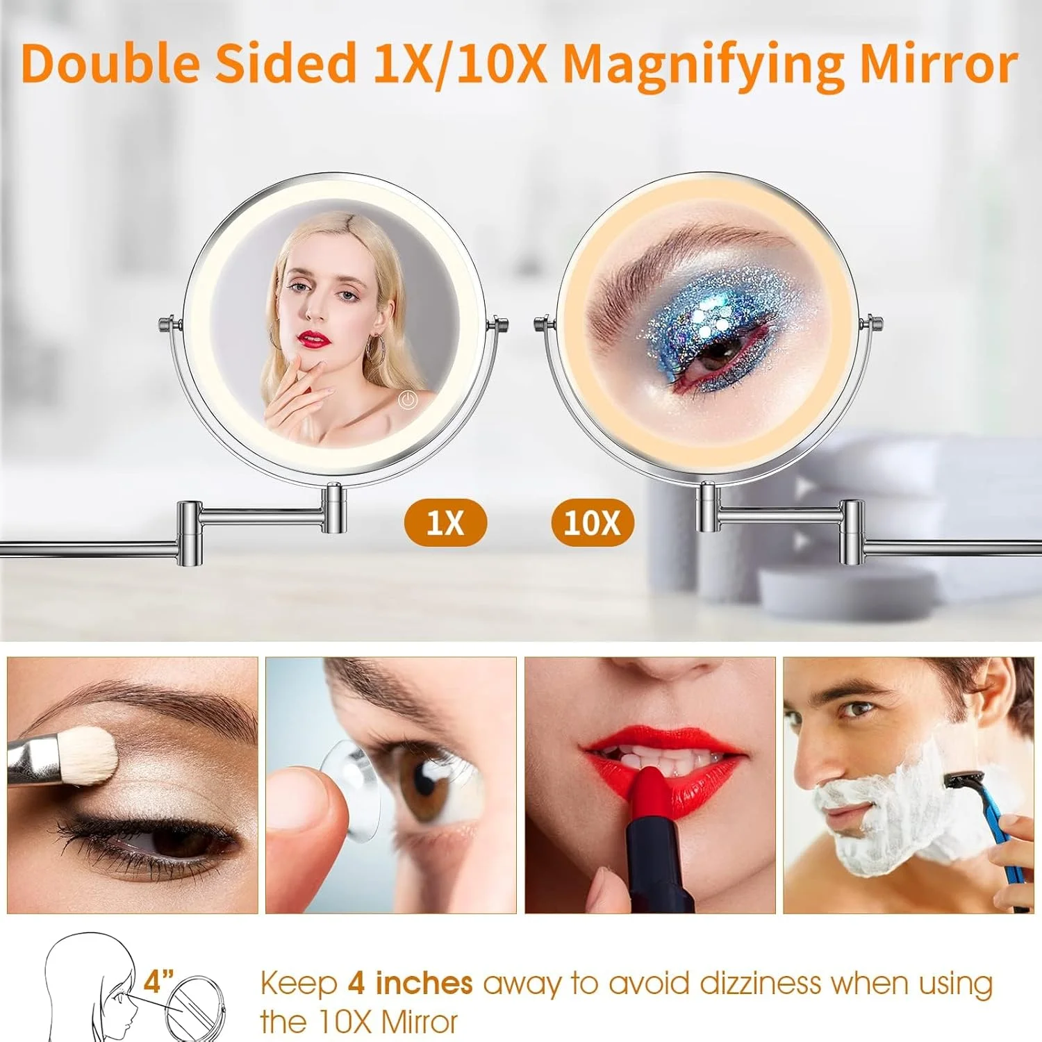 آینه آرایشی دیواری چراغ دار Azonee، آینه حمام 8 اینچی قابل شارژ با بزرگنمایی 10 برابر، آینه LED چرخان 360 درجه با قابلیت افزایش طول و دارای 3 رنگ نور و دیمر صفحه لمسی