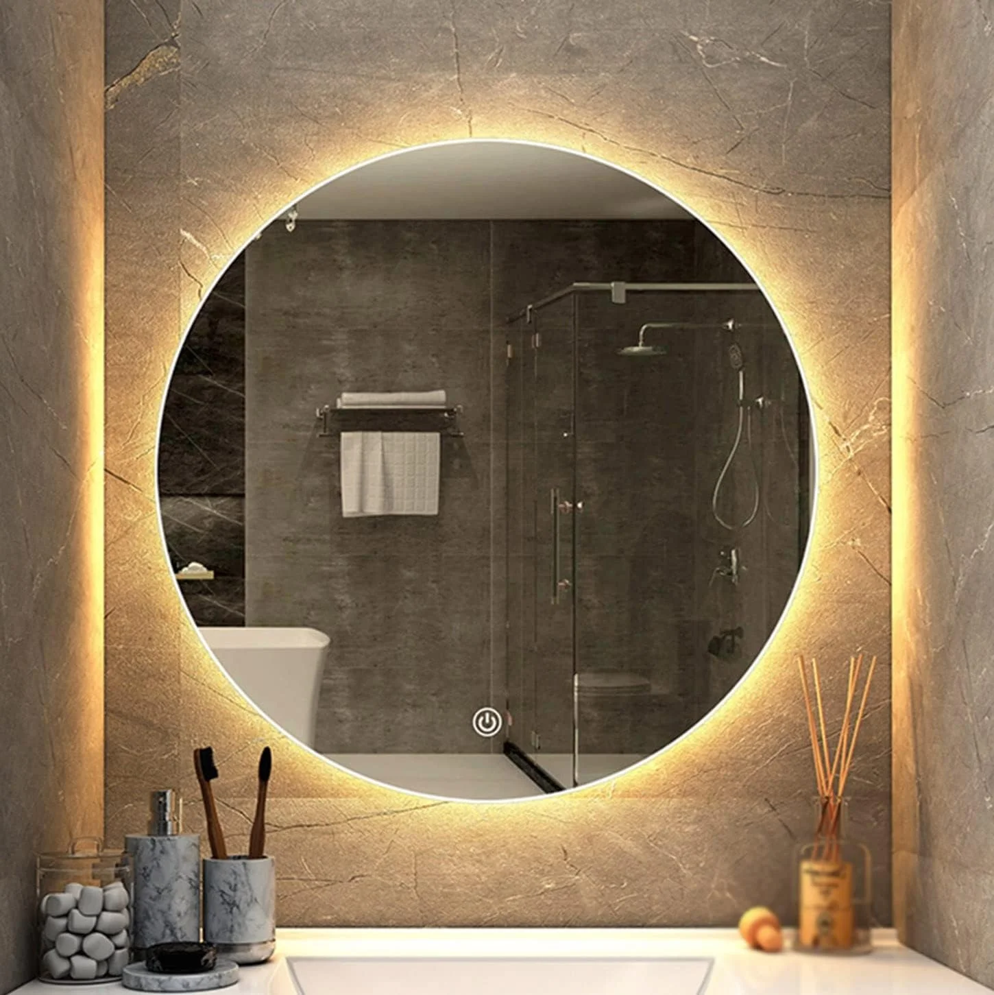 آینه حمام با نور پس زمینه ال ای دی، آینه روشویی مدرن دیواری، آینه اصلاح ال ای دی روشن، آینه هوشمند ال ای دی با کلید لمسی - آینه گرد، نور گرم - آینه 70 سانتی متر آینه حمام با نور پس زمینه ال ای دی، آینه روشویی مدرن دیواری، آینه اصلاح ال ای دی روشن، آینه هوشمند ال ای دی با کلید لمسی - آینه گرد، نور گرم - آینه 70 سانتی متر