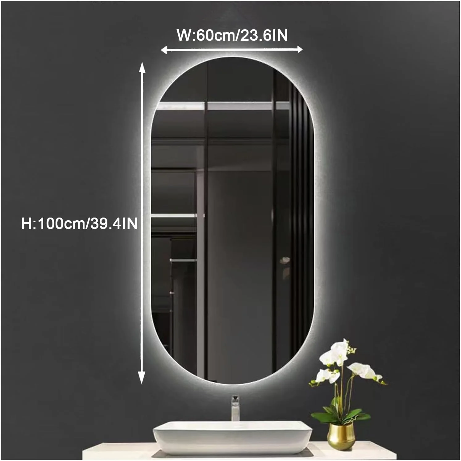 آینه حمام LED با نور پس زمینه، آینه روشویی دیواری با کلید لمسی، ضد بخار، کلید دیمر و 3 رنگ (H100*W60cm/H39.4*W23.6IN)