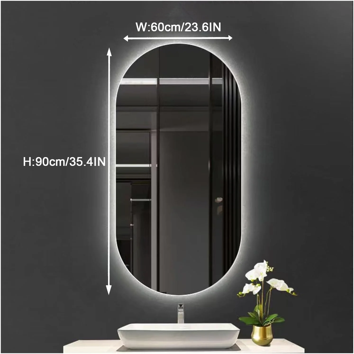 آینه حمام LED با نور پس زمینه، آینه روشویی دیواری با کلید لمسی، ضد بخار، کلید دیمر و 3 رنگ (H90*W60cm/H35.4*W23.6IN)