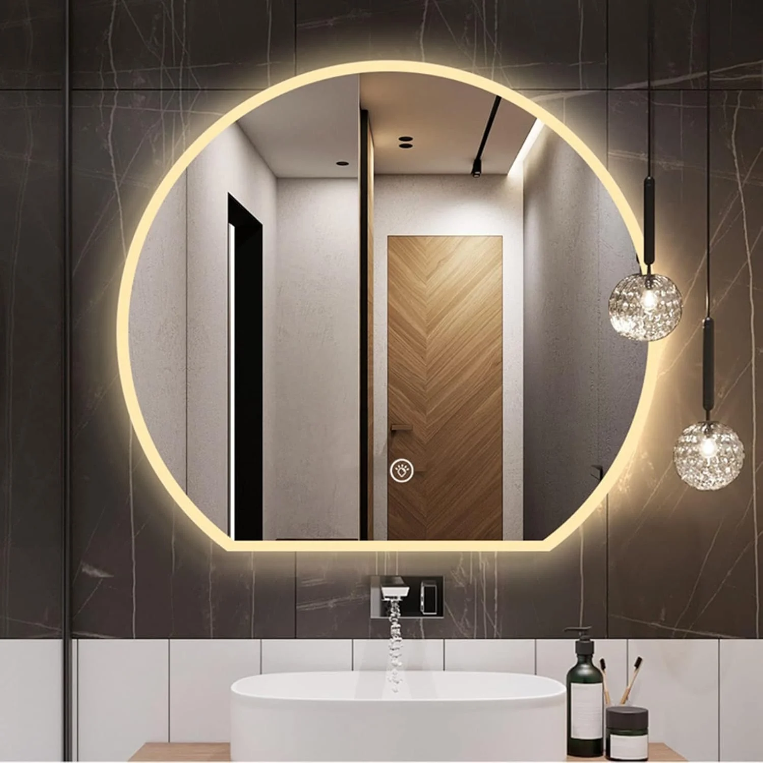 آینه روشویی گرد هوشمند با نور پس زمینه، آینه حمام LED با نورپردازی، ضد بخار، آینه نقره ای بدون مس HD 5 میلی متری (رنگ: نور گرم، اندازه: آینه حمام 80 سانتی متر)