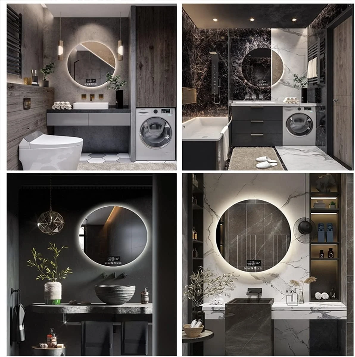 آینه حمام با نور پس زمینه ال ای دی، آینه روشویی مدرن دیواری، آینه اصلاح ال ای دی روشن، آینه هوشمند ال ای دی با کلید لمسی - آینه گرد، نور گرم - آینه 70 سانتی متر