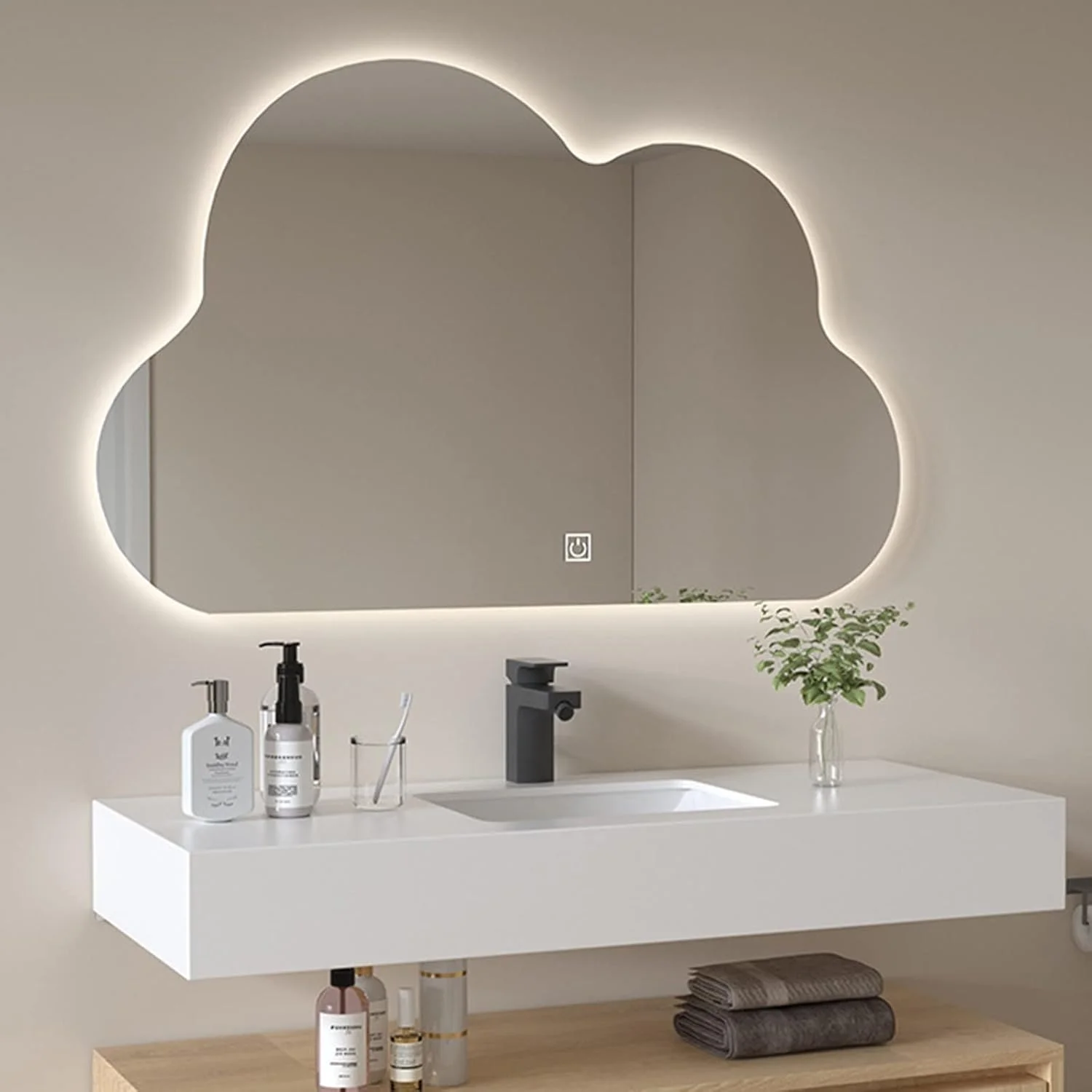 آینه حمام نورپردازی شده با چراغ های ال ای دی، آینه دیواری، 55x35 سانتی متر، 65x40 سانتی متر، 75x45 سانتی متر، آینه تزئینی ابری بدون قاب، آینه آرایش، حسگر لمسی 3 رنگ نور